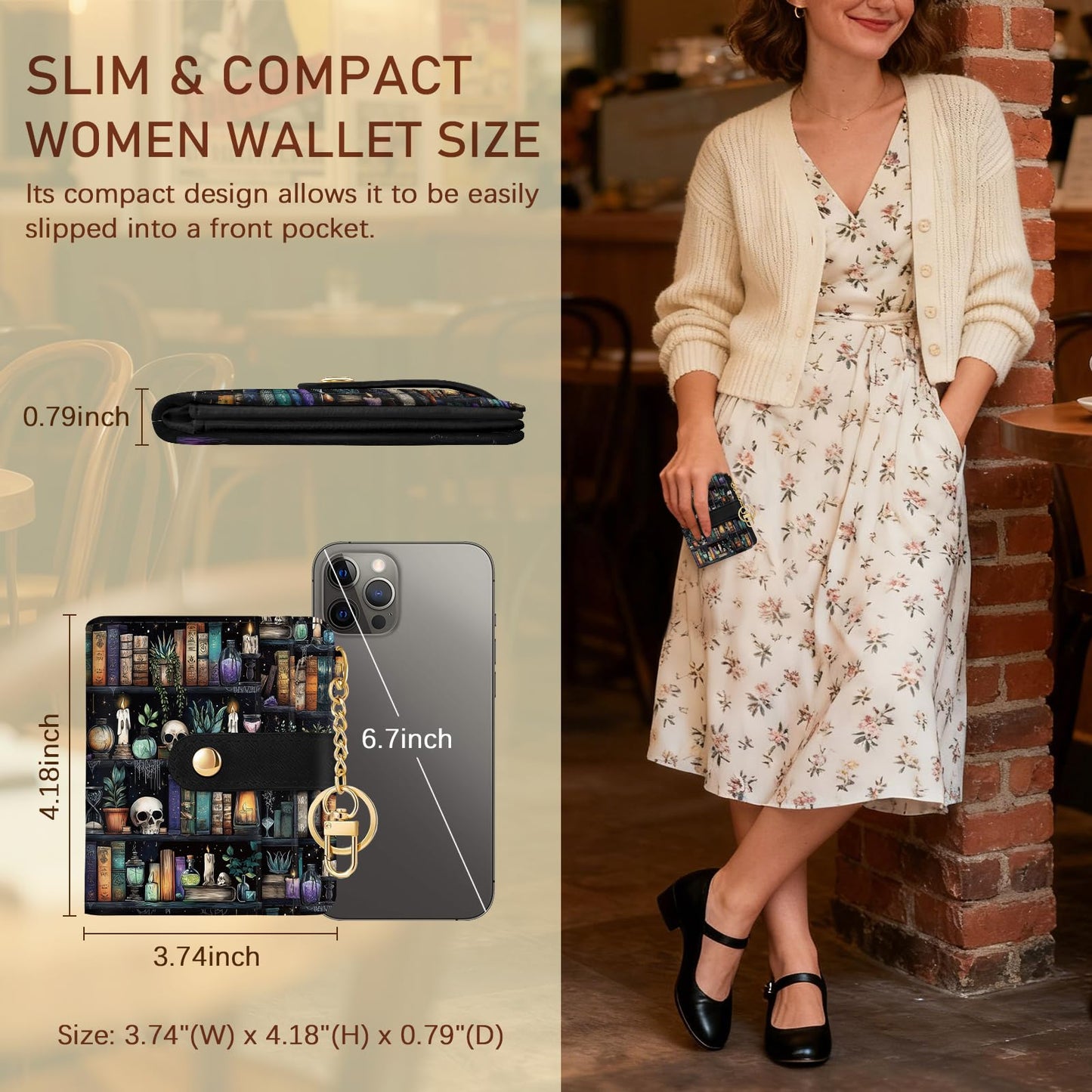 Black Cat Floral Rfid Women Wallet, Small Slim Thin Credit Card Wallet, PU Leather Bifold Cash Zipper Coin Pocket ID Window for Female Ladies Teen Girls Girly