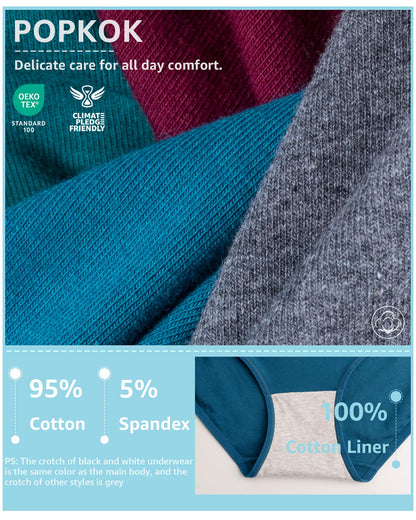 POPKOK Teen Girls Cotton Underwear Mid Waist Brief Panties 6 pack