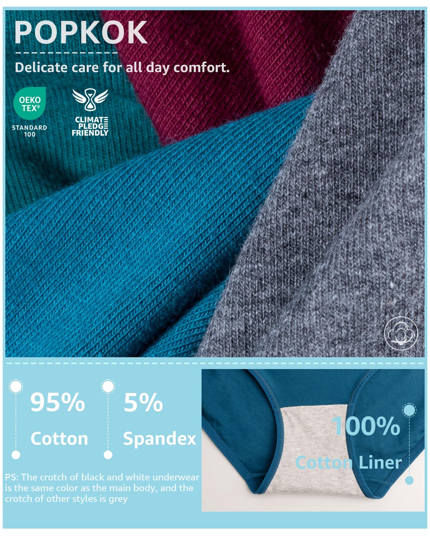 POPKOK Teen Girls Cotton Underwear Mid Waist Brief Panties 6 pack