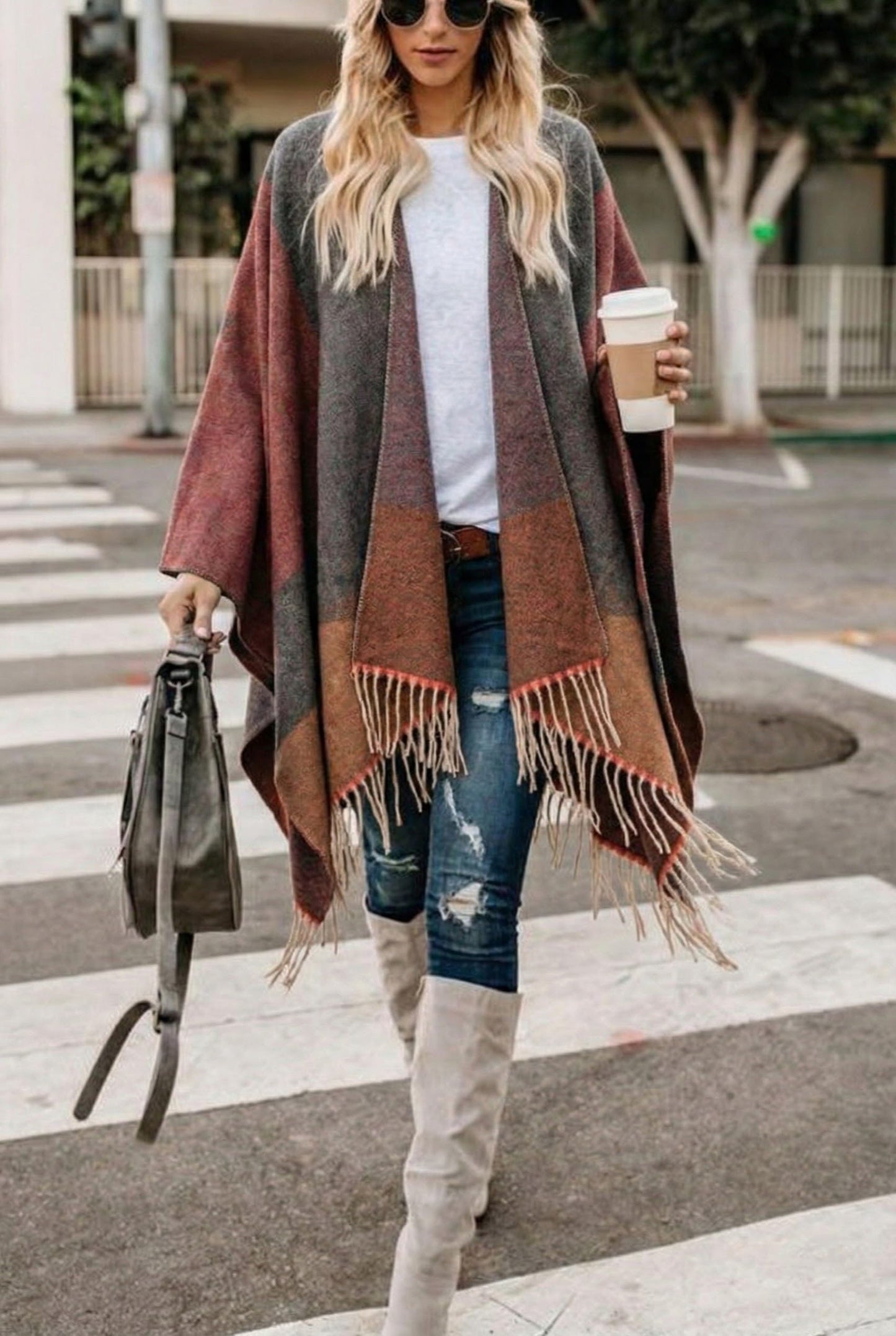 Bestshe Women's Boho Open Front Poncho Knitted Plaid Shawl Wrap Cape Tassel Cardigan Sweater