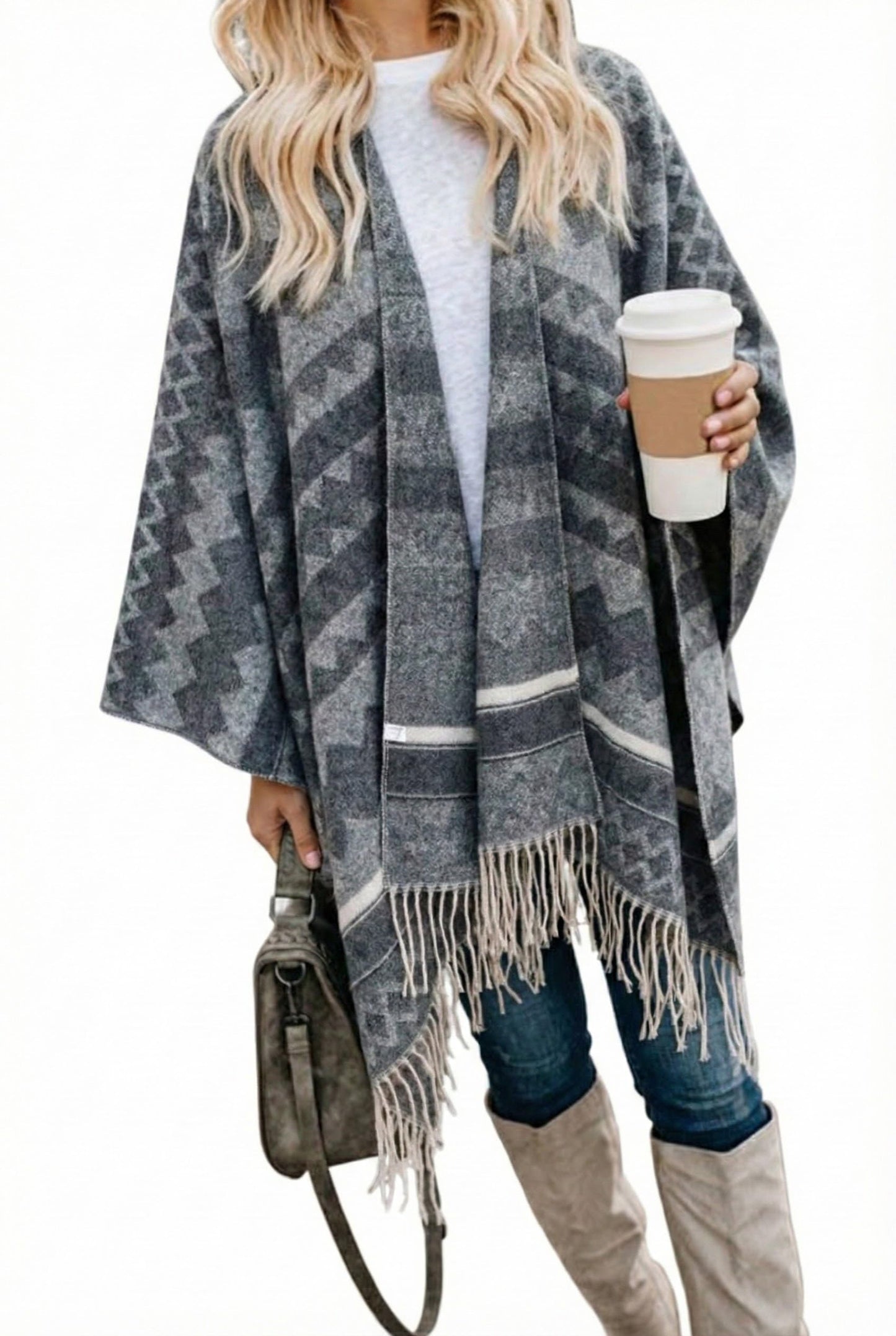 Bestshe Women's Boho Open Front Poncho Knitted Plaid Shawl Wrap Cape Tassel Cardigan Sweater