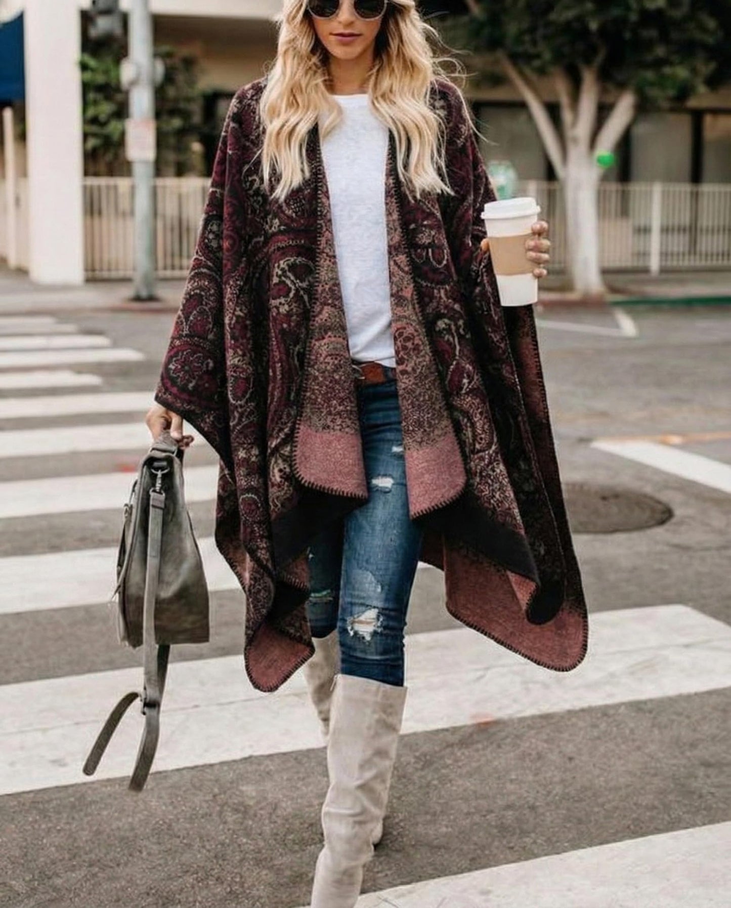 Bestshe Women's Boho Open Front Poncho Knitted Plaid Shawl Wrap Cape Tassel Cardigan Sweater