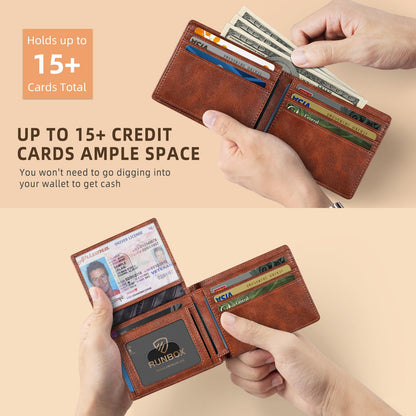 RUNBOX Wallet for Men Slim Rfid Leather 2 ID Window With Gift Box