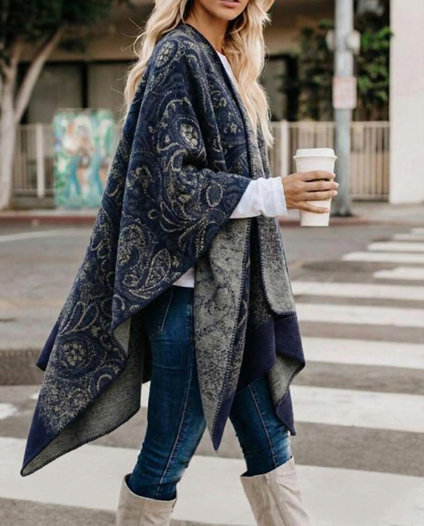 Bestshe Women's Boho Open Front Poncho Knitted Plaid Shawl Wrap Cape Tassel Cardigan Sweater