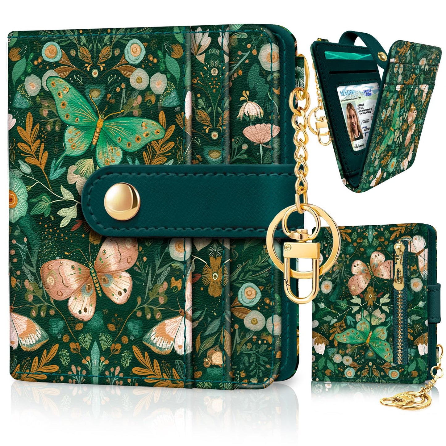 Black Cat Floral Rfid Women Wallet, Small Slim Thin Credit Card Wallet, PU Leather Bifold Cash Zipper Coin Pocket ID Window for Female Ladies Teen Girls Girly