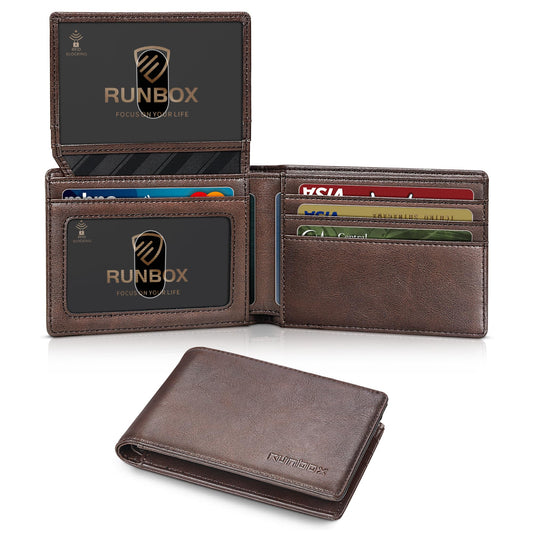 RUNBOX Wallet for Men Slim Rfid Leather 2 ID Window With Gift Box