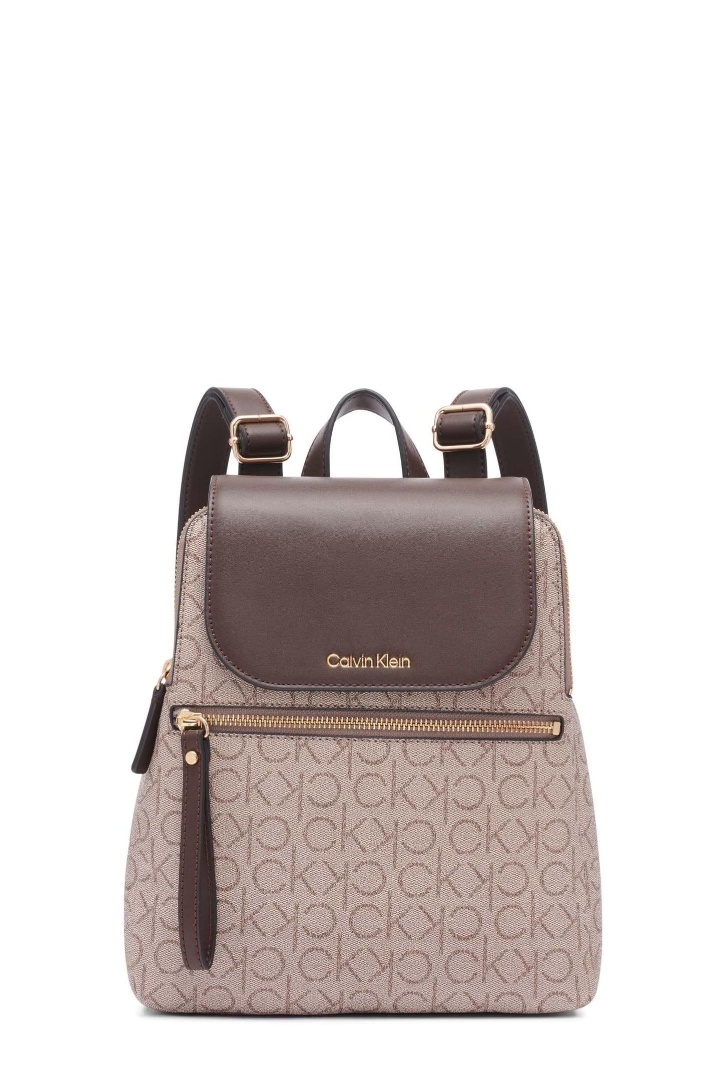 Calvin Klein Women's Elaine Signature Key Item Flap Backpack, Brown/Khaki/Luggage Saffiano, One Size