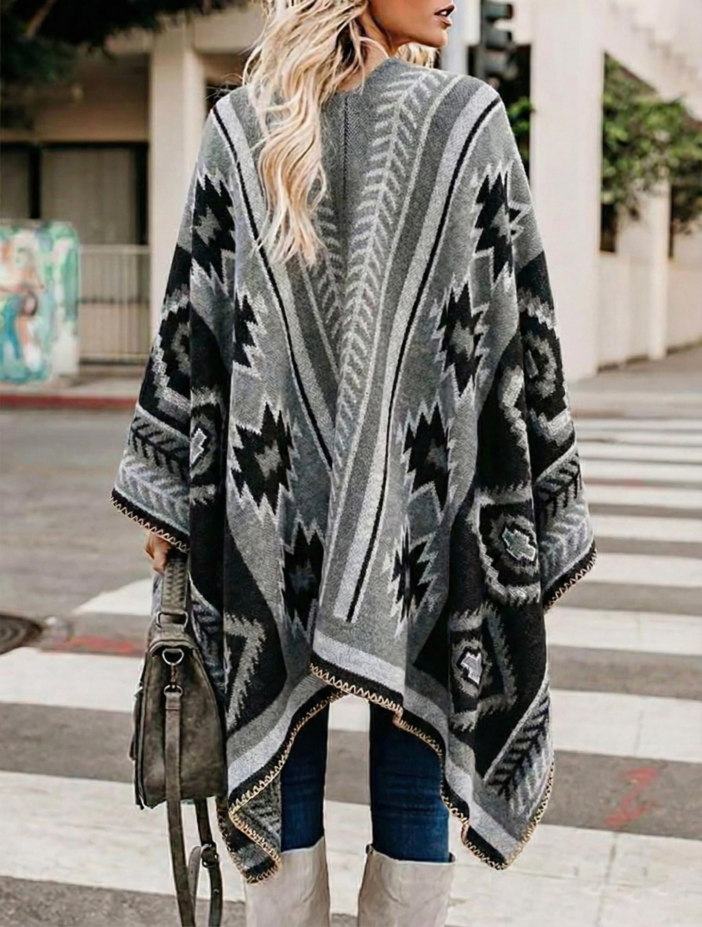 Bestshe Women's Boho Open Front Poncho Knitted Plaid Shawl Wrap Cape Tassel Cardigan Sweater