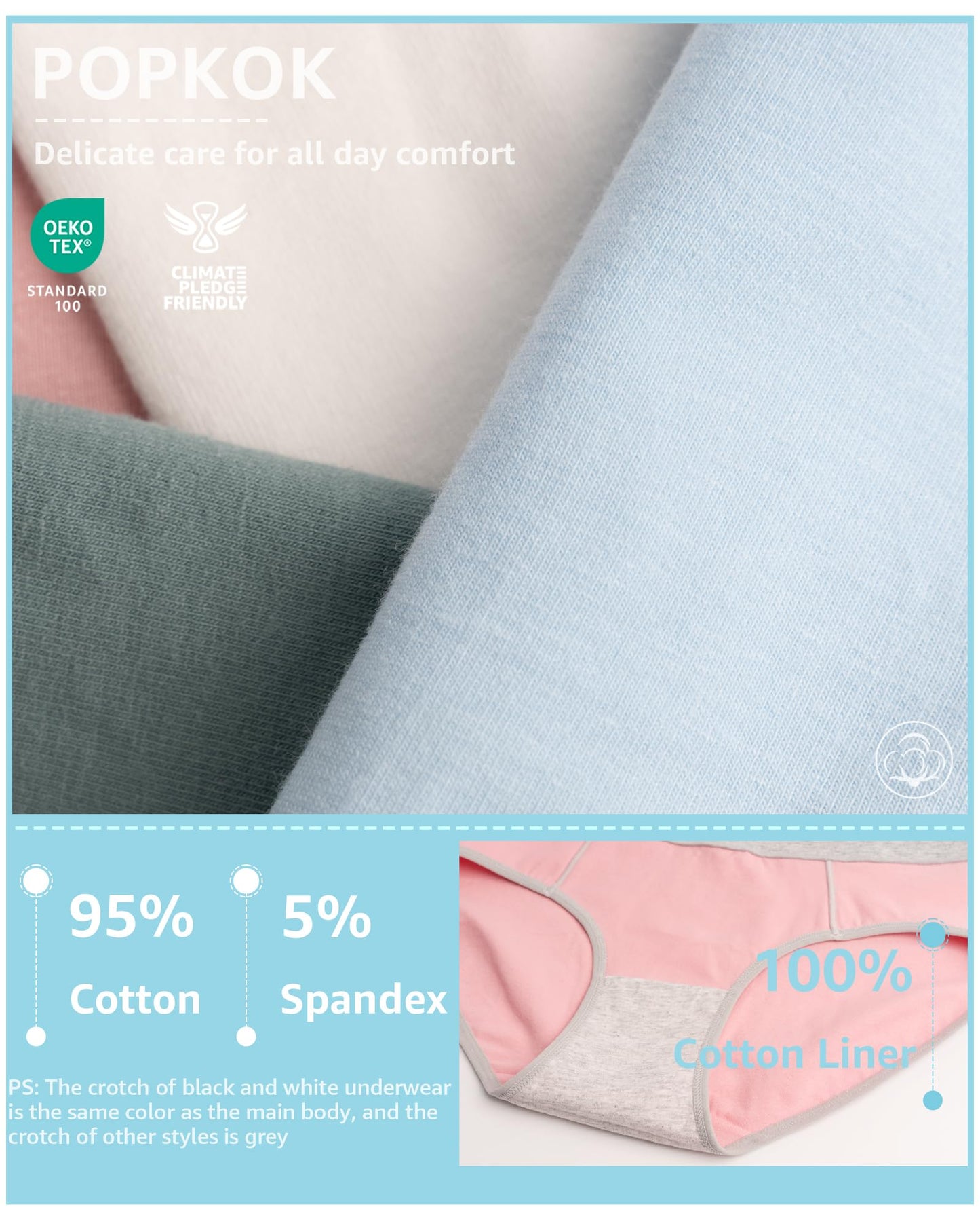 POPKOK Teen Girls Cotton Underwear Mid Waist Brief Panties 6 pack