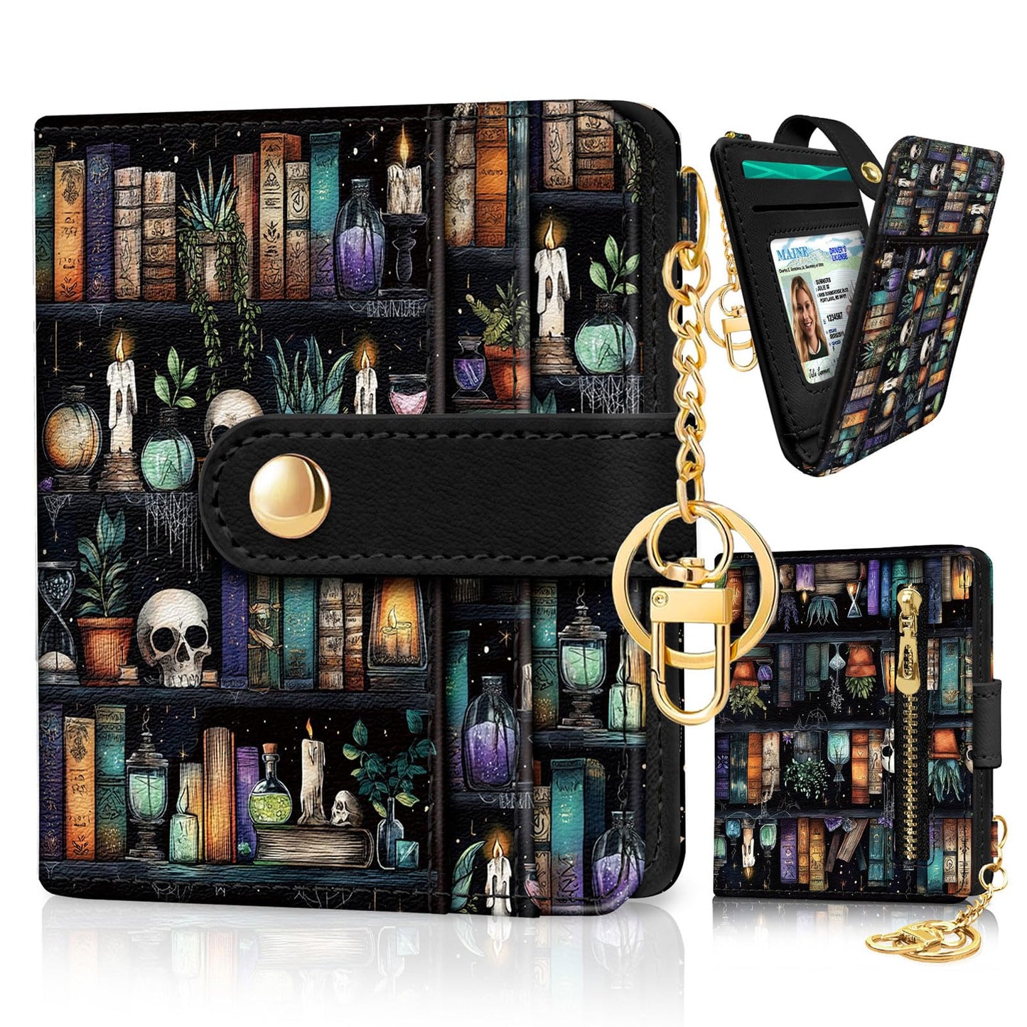 Black Cat Floral Rfid Women Wallet, Small Slim Thin Credit Card Wallet, PU Leather Bifold Cash Zipper Coin Pocket ID Window for Female Ladies Teen Girls Girly