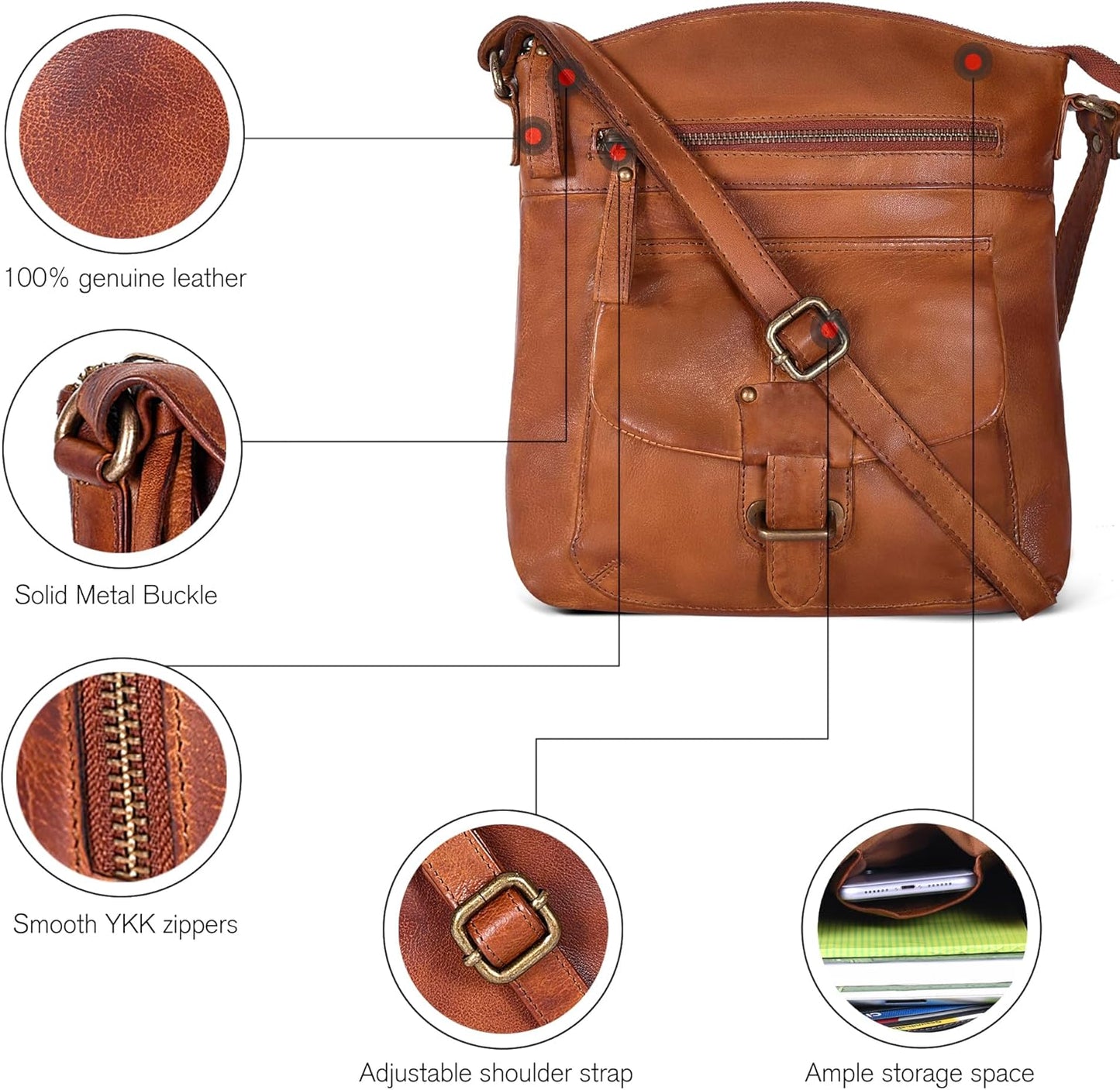 Oak Leathers Leather Crossbody Bag For Women With Adjustable Sling Strap - Medium Size Crossover Shoulder Handbag Purse