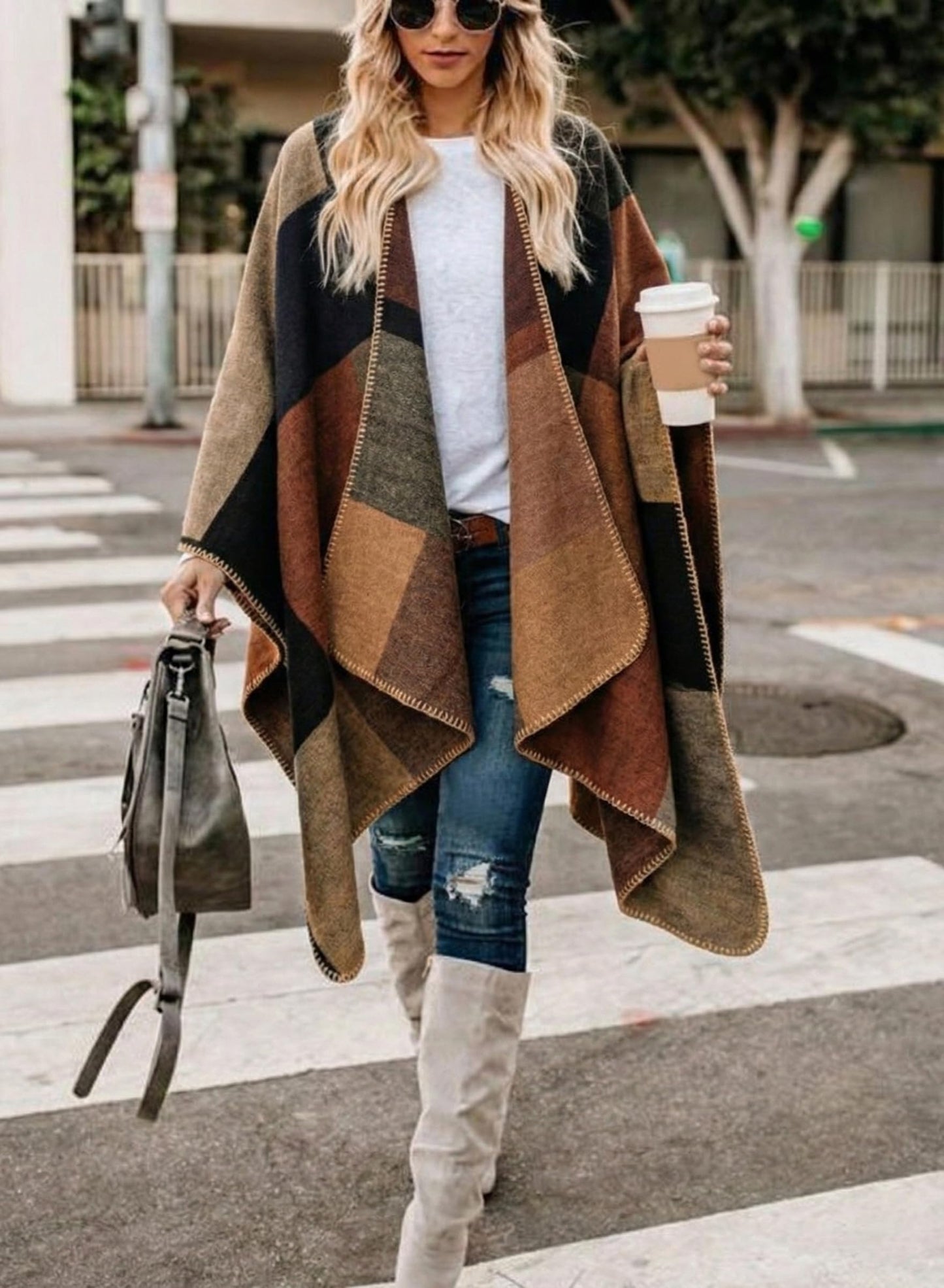 Bestshe Women's Boho Open Front Poncho Knitted Plaid Shawl Wrap Cape Tassel Cardigan Sweater