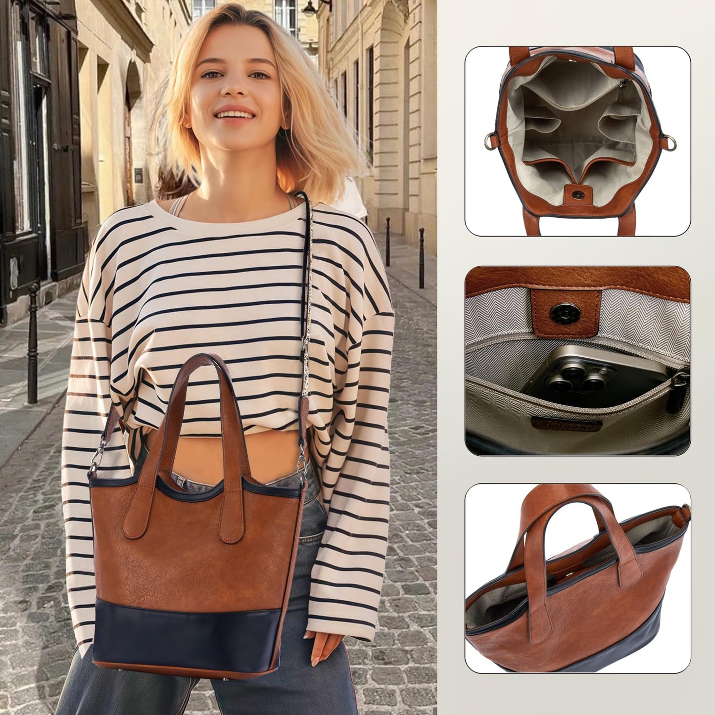 Top Handle Crossbody Bags for Women,Vegan Leather Bucket Purses for Women,Satchel Handbag with 2 Bottle Holder Pocket