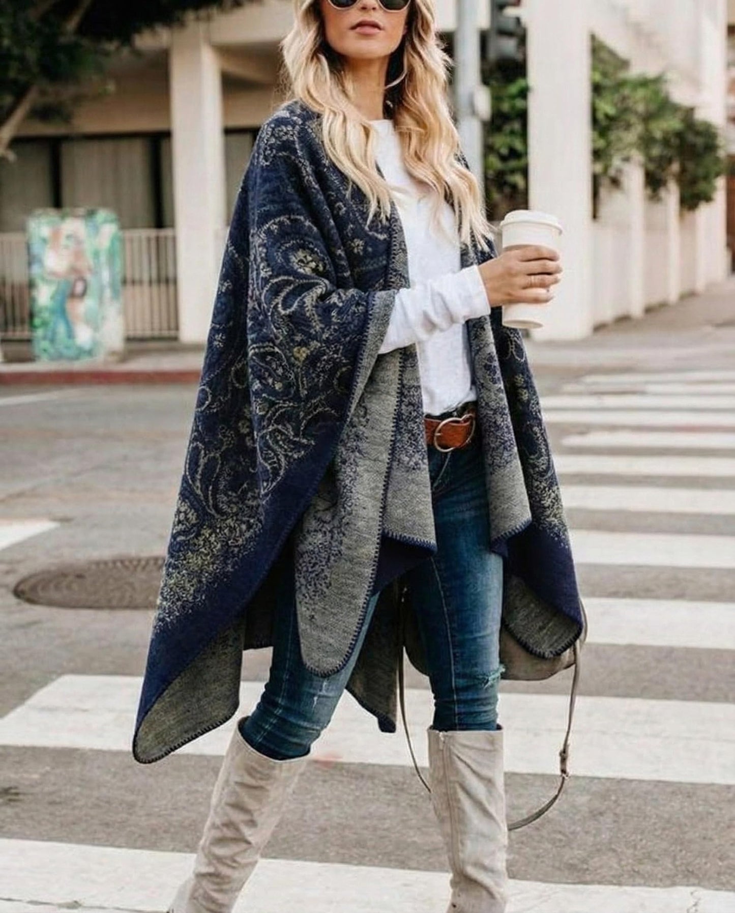 Bestshe Women's Boho Open Front Poncho Knitted Plaid Shawl Wrap Cape Tassel Cardigan Sweater