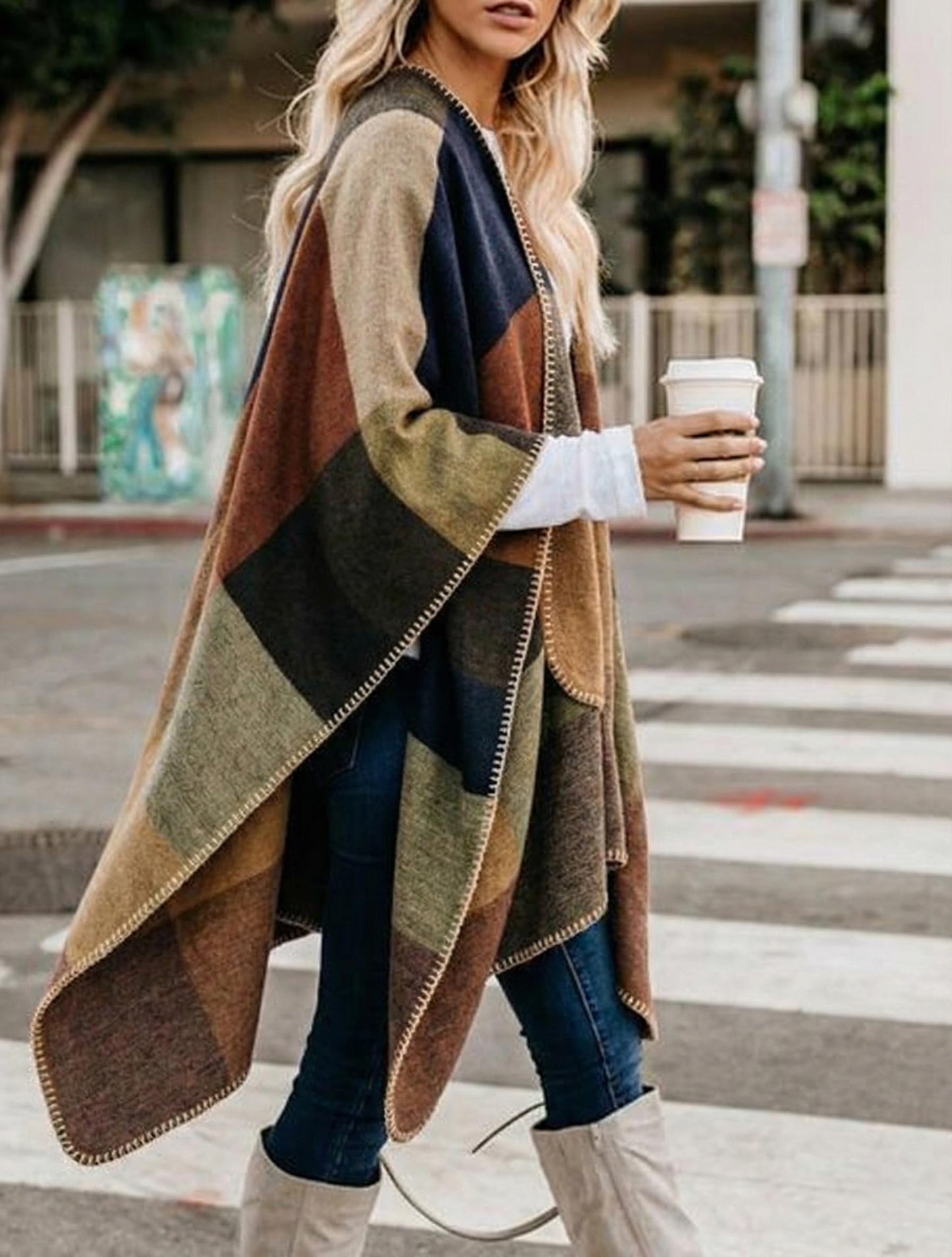 Bestshe Women's Boho Open Front Poncho Knitted Plaid Shawl Wrap Cape Tassel Cardigan Sweater