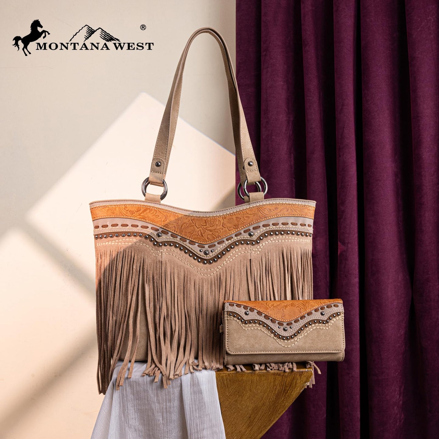 Montana West Western Tote Bag for Women Tooled Fringe Purse and Handbag with Wallet