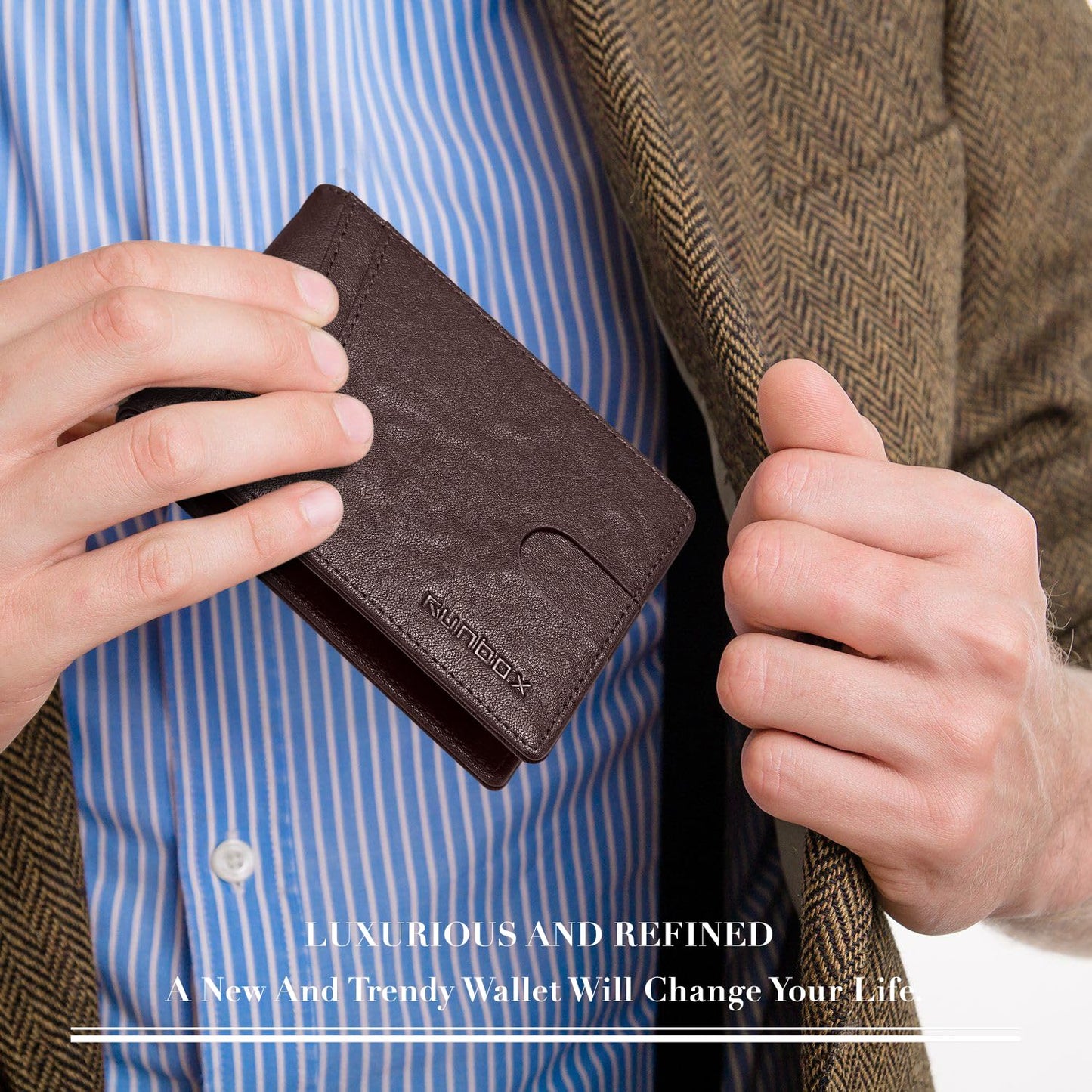 RUNBOX Wallet for Men Slim Rfid Leather 2 ID Window With Gift Box