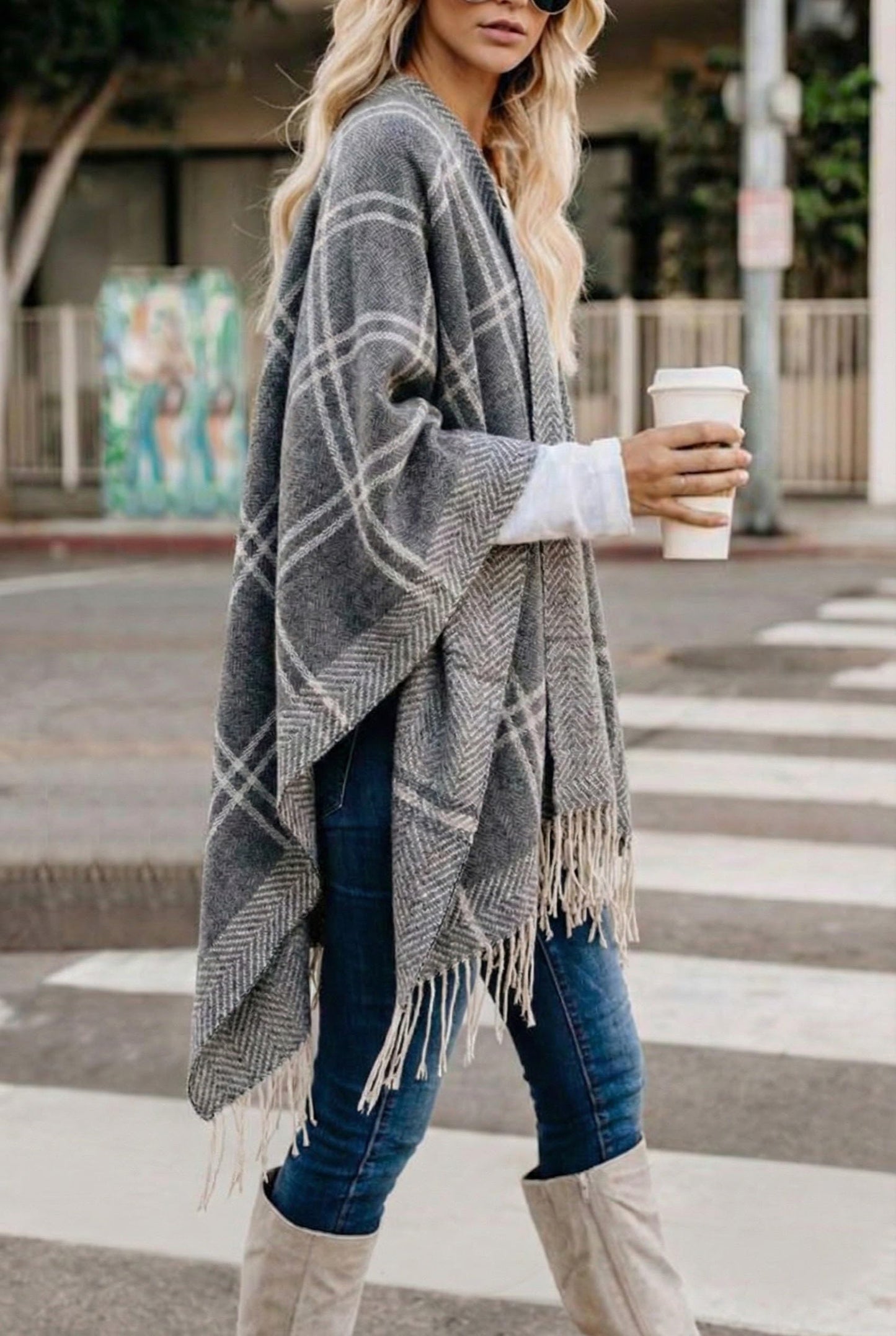 Bestshe Women's Boho Open Front Poncho Knitted Plaid Shawl Wrap Cape Tassel Cardigan Sweater