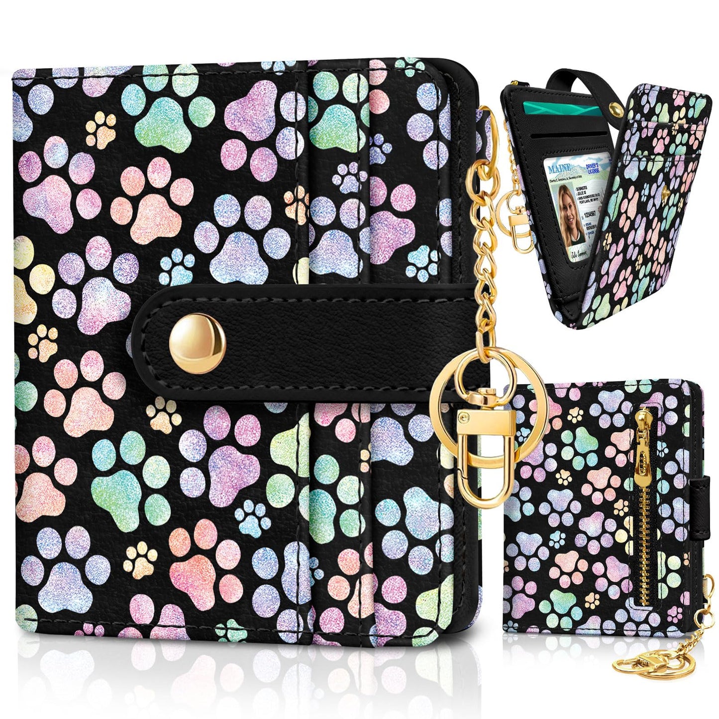 Black Cat Floral Rfid Women Wallet, Small Slim Thin Credit Card Wallet, PU Leather Bifold Cash Zipper Coin Pocket ID Window for Female Ladies Teen Girls Girly