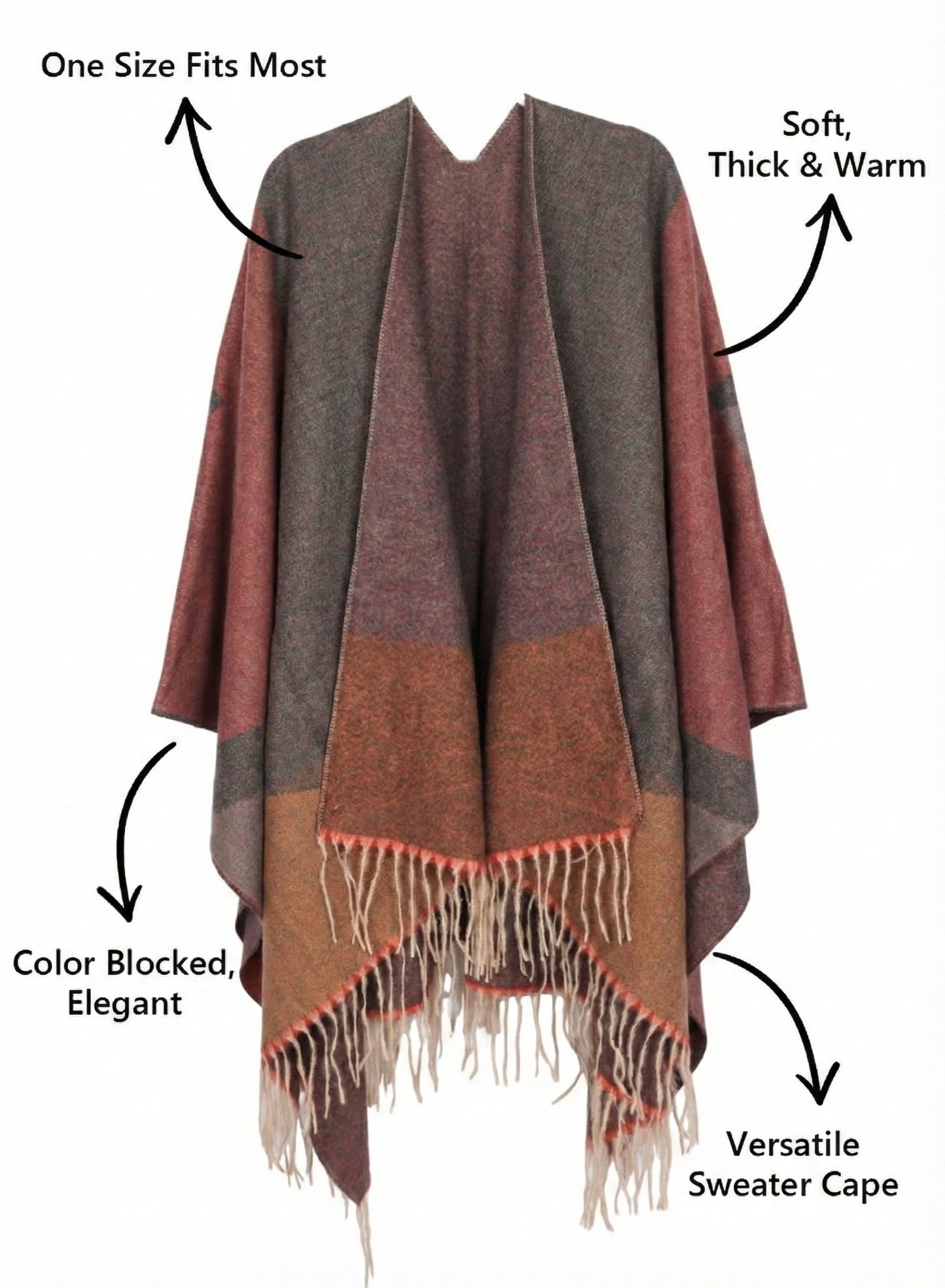 Bestshe Women's Boho Open Front Poncho Knitted Plaid Shawl Wrap Cape Tassel Cardigan Sweater