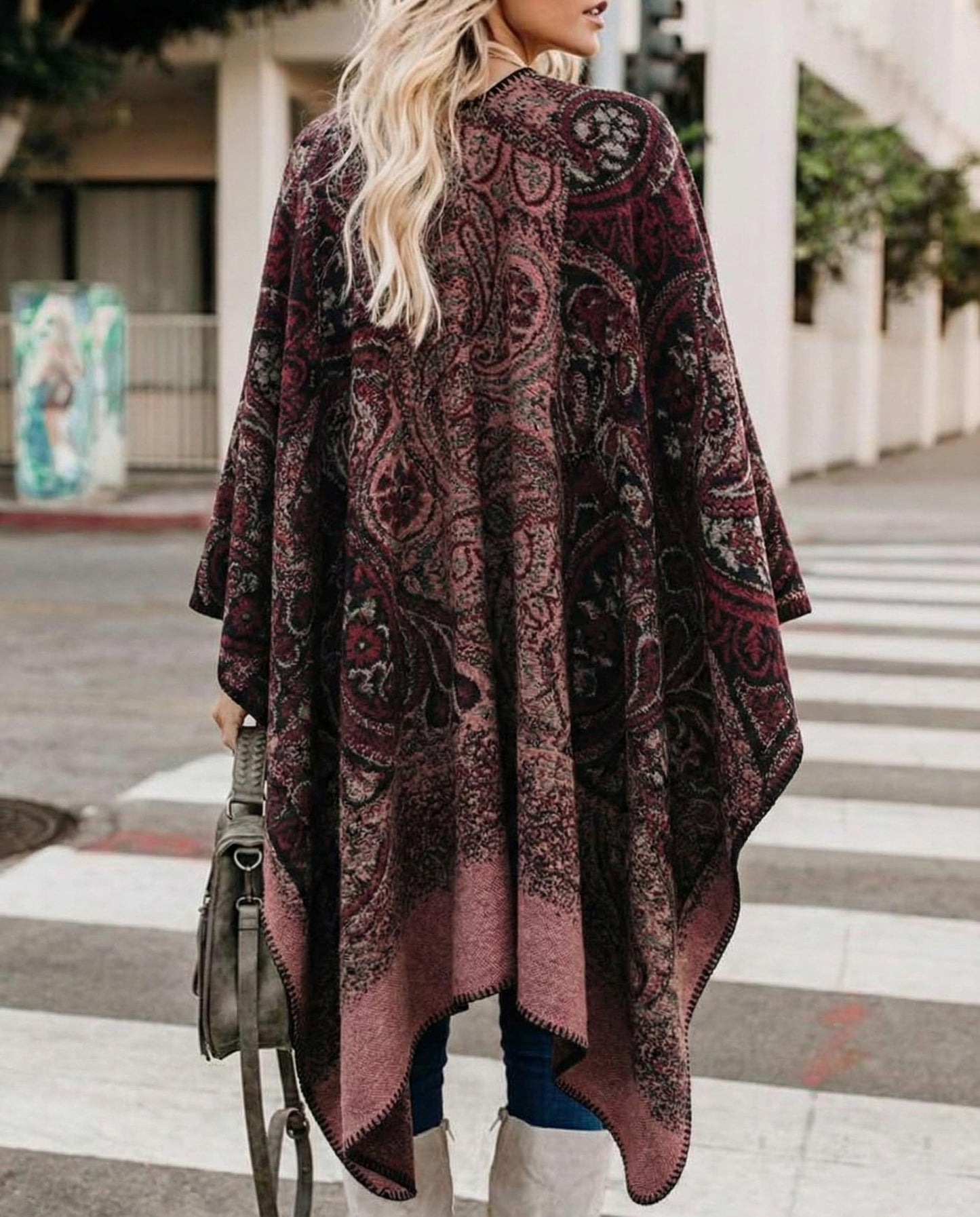 Bestshe Women's Boho Open Front Poncho Knitted Plaid Shawl Wrap Cape Tassel Cardigan Sweater