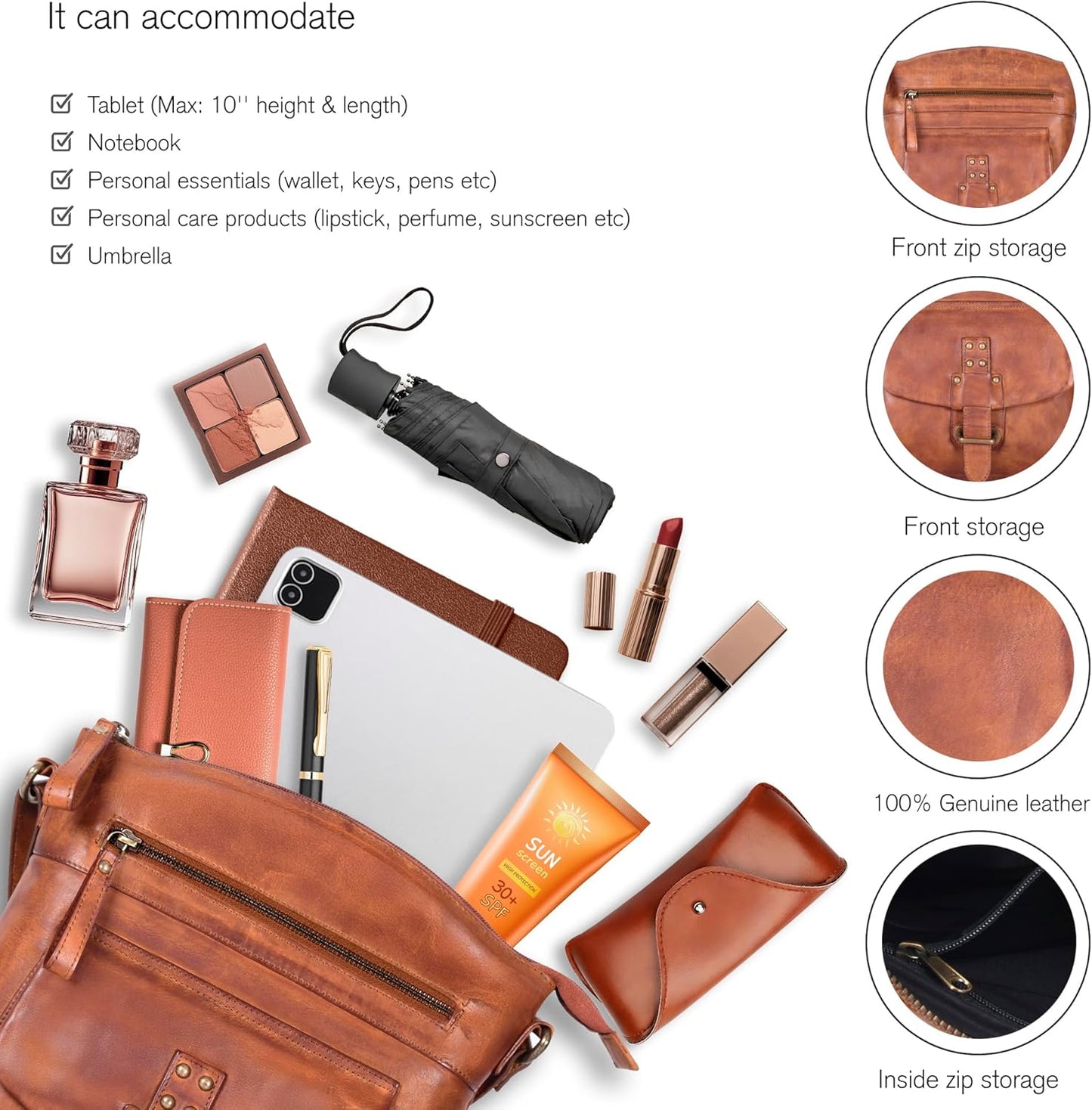 Oak Leathers Leather Crossbody Bag For Women With Adjustable Sling Strap - Medium Size Crossover Shoulder Handbag Purse