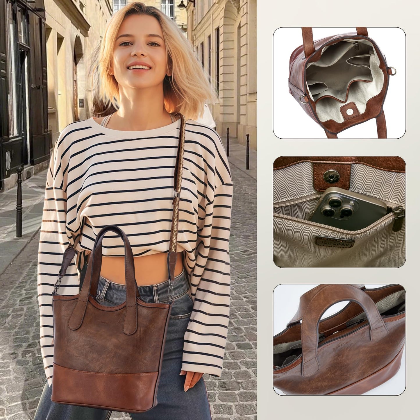 Top Handle Crossbody Bags for Women,Vegan Leather Bucket Purses for Women,Satchel Handbag with 2 Bottle Holder Pocket