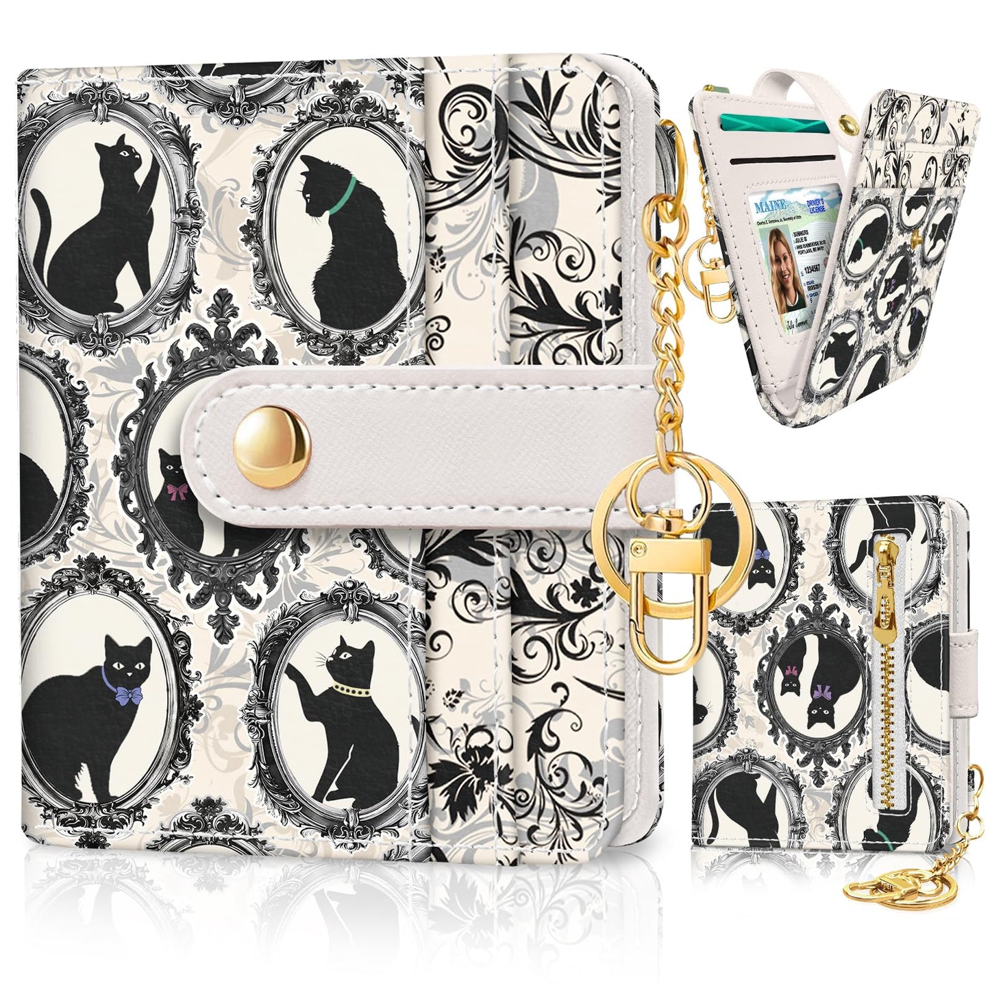 Black Cat Floral Rfid Women Wallet, Small Slim Thin Credit Card Wallet, PU Leather Bifold Cash Zipper Coin Pocket ID Window for Female Ladies Teen Girls Girly