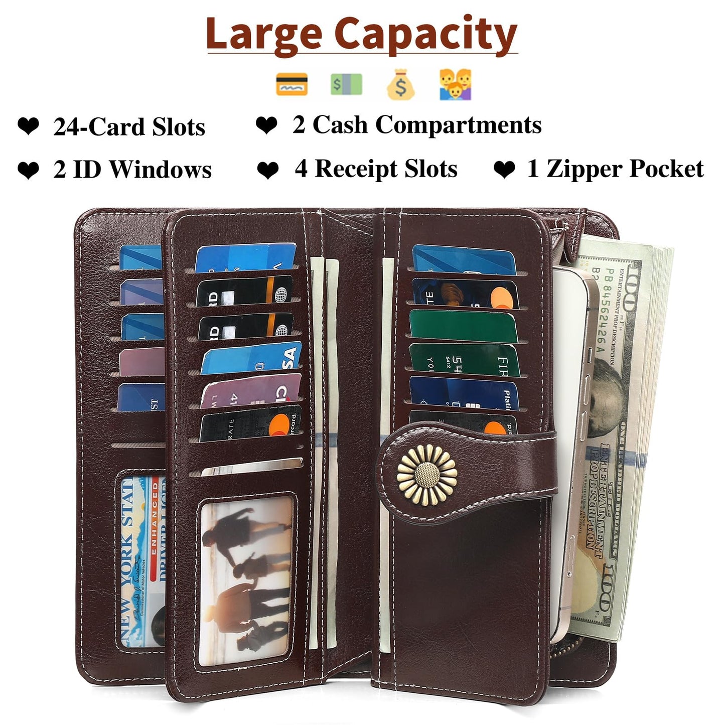 SENDEFN Wallets for Women Leather Credit Card Holder with RFID Blocking Large Capacity Wristlet