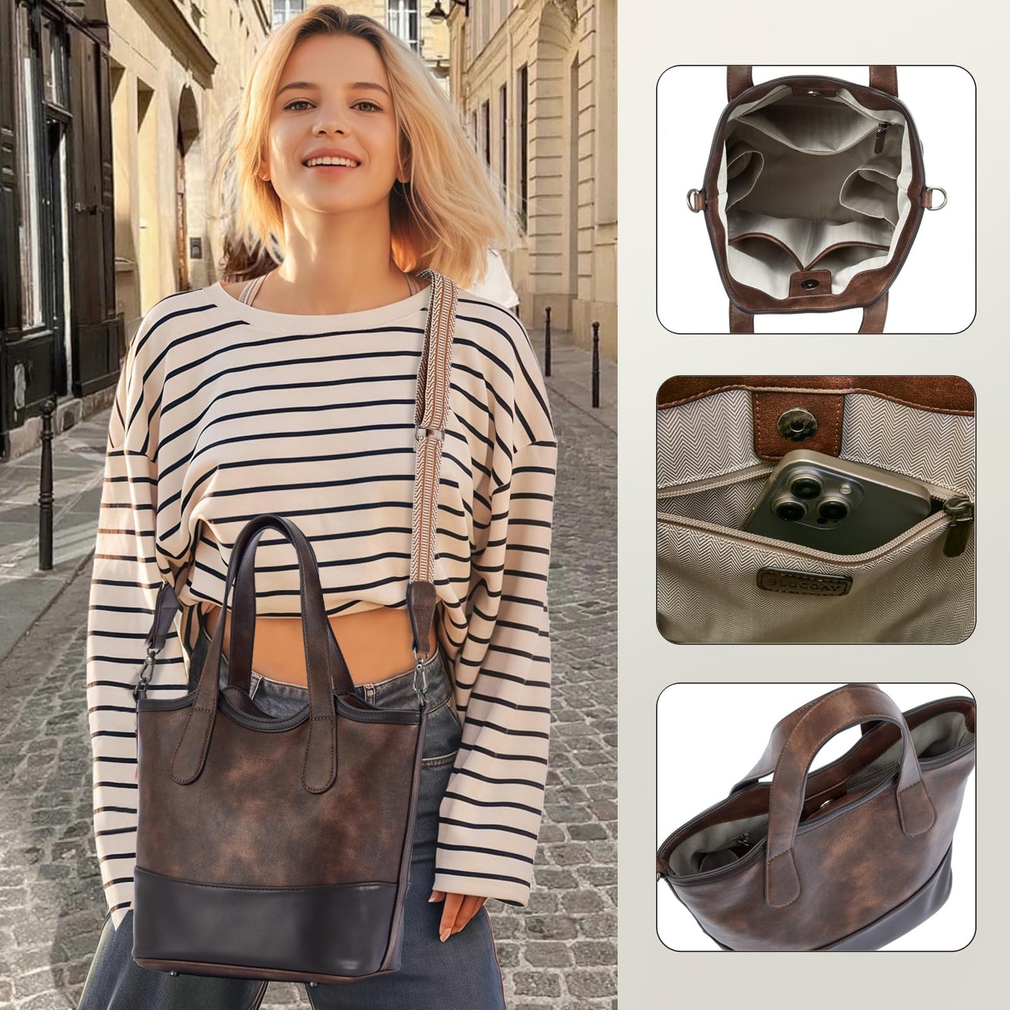 Top Handle Crossbody Bags for Women,Vegan Leather Bucket Purses for Women,Satchel Handbag with 2 Bottle Holder Pocket