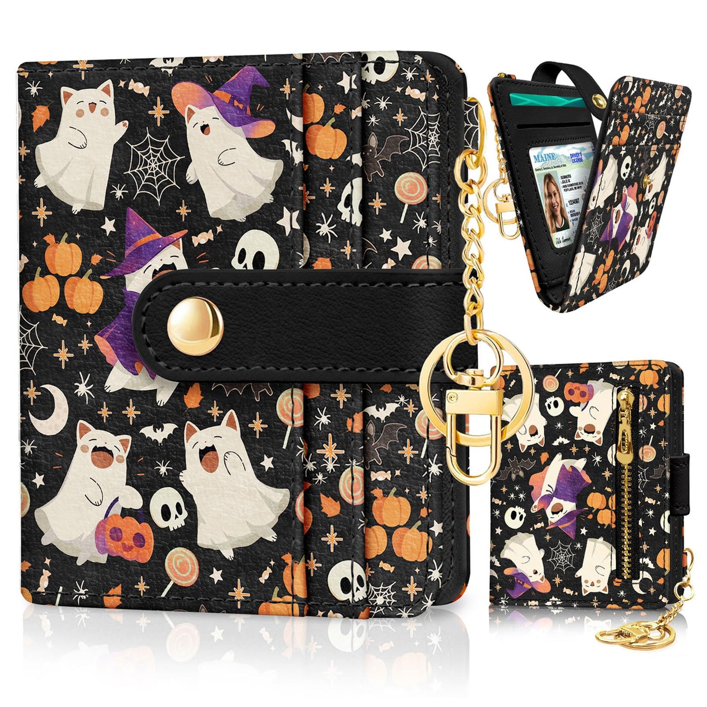 Black Cat Floral Rfid Women Wallet, Small Slim Thin Credit Card Wallet, PU Leather Bifold Cash Zipper Coin Pocket ID Window for Female Ladies Teen Girls Girly