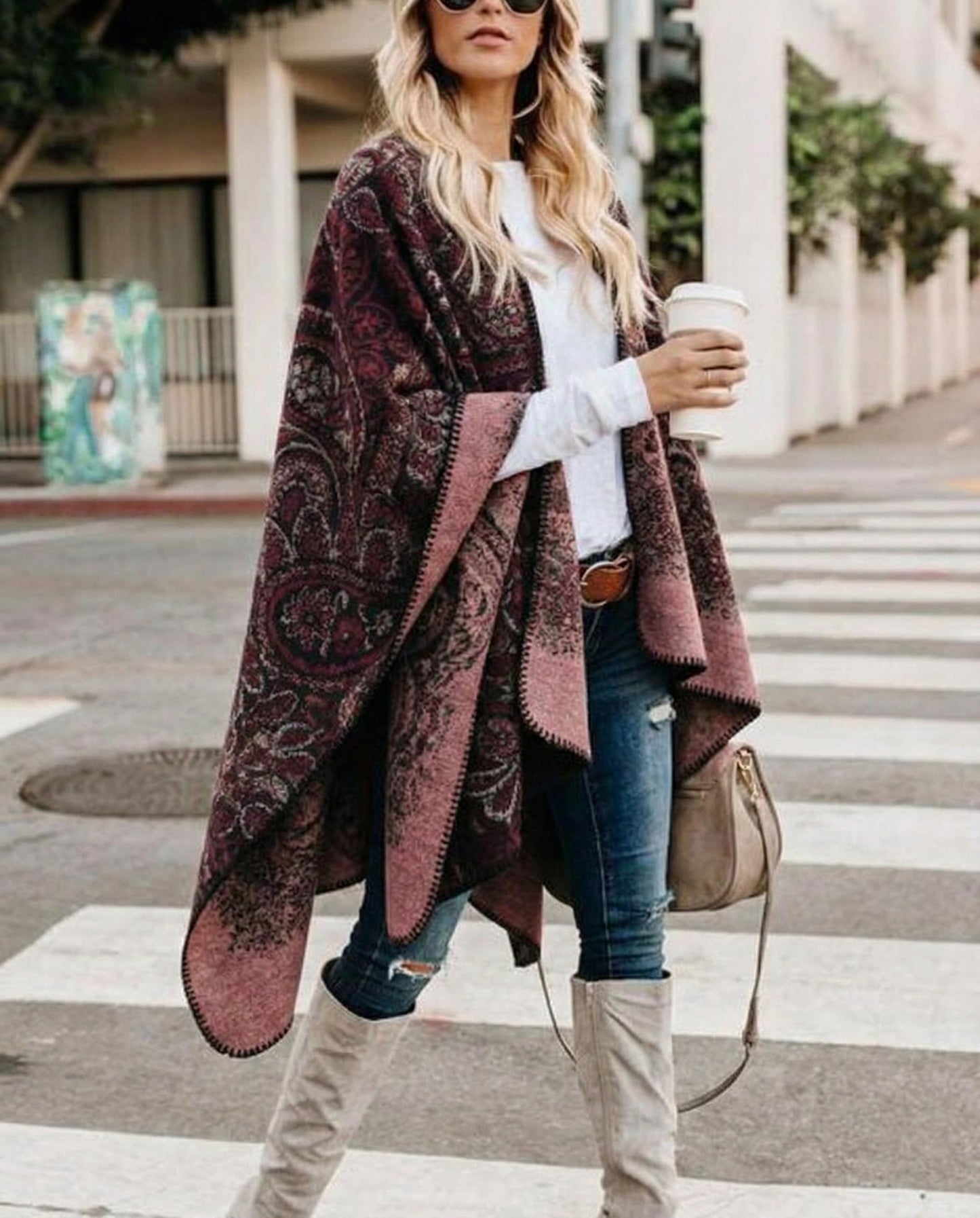 Bestshe Women's Boho Open Front Poncho Knitted Plaid Shawl Wrap Cape Tassel Cardigan Sweater