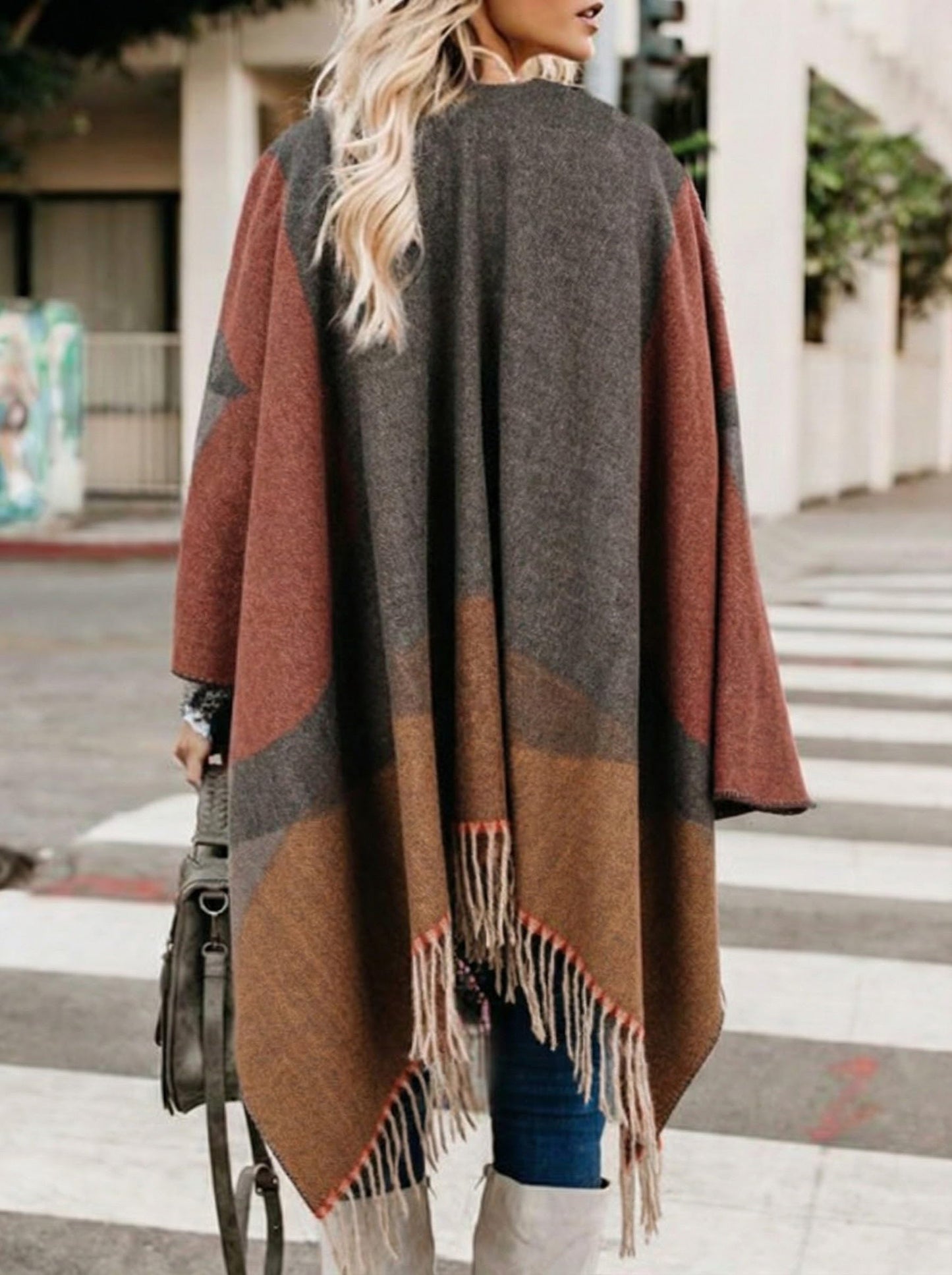 Bestshe Women's Boho Open Front Poncho Knitted Plaid Shawl Wrap Cape Tassel Cardigan Sweater