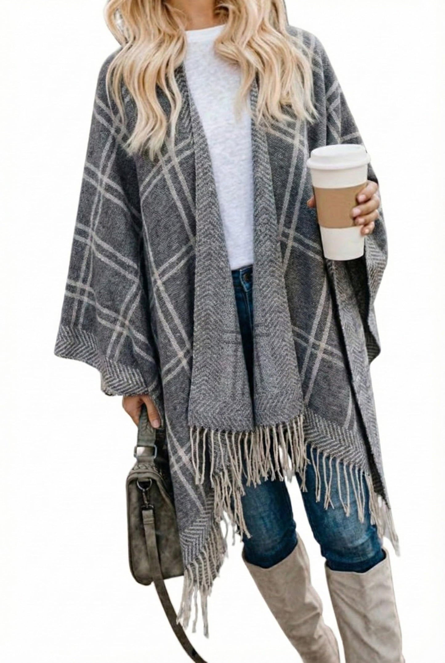 Bestshe Women's Boho Open Front Poncho Knitted Plaid Shawl Wrap Cape Tassel Cardigan Sweater