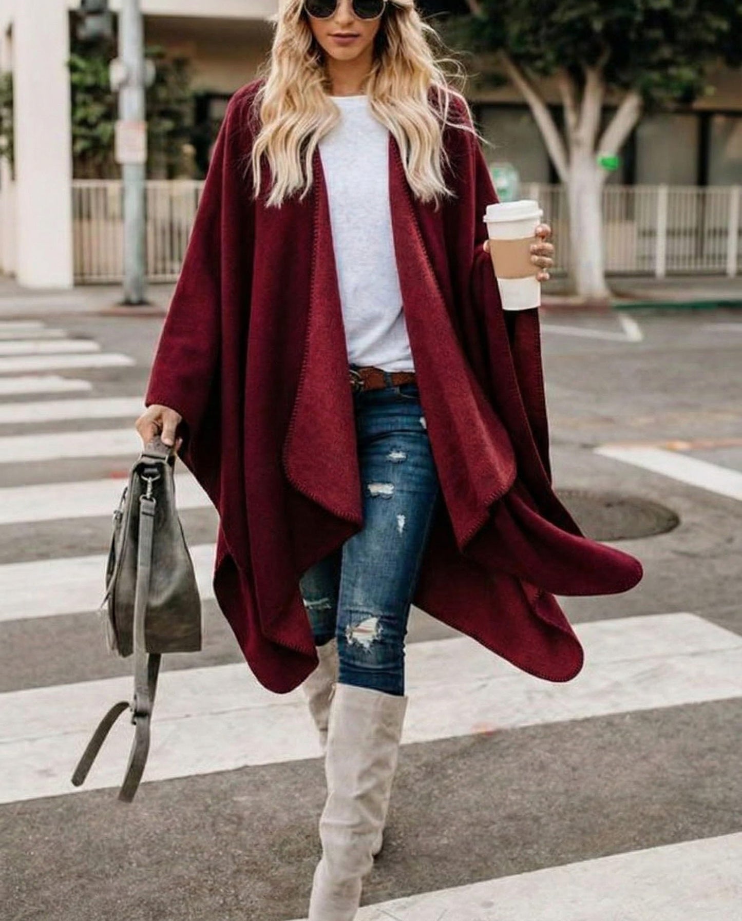 Bestshe Women's Boho Open Front Poncho Knitted Plaid Shawl Wrap Cape Tassel Cardigan Sweater