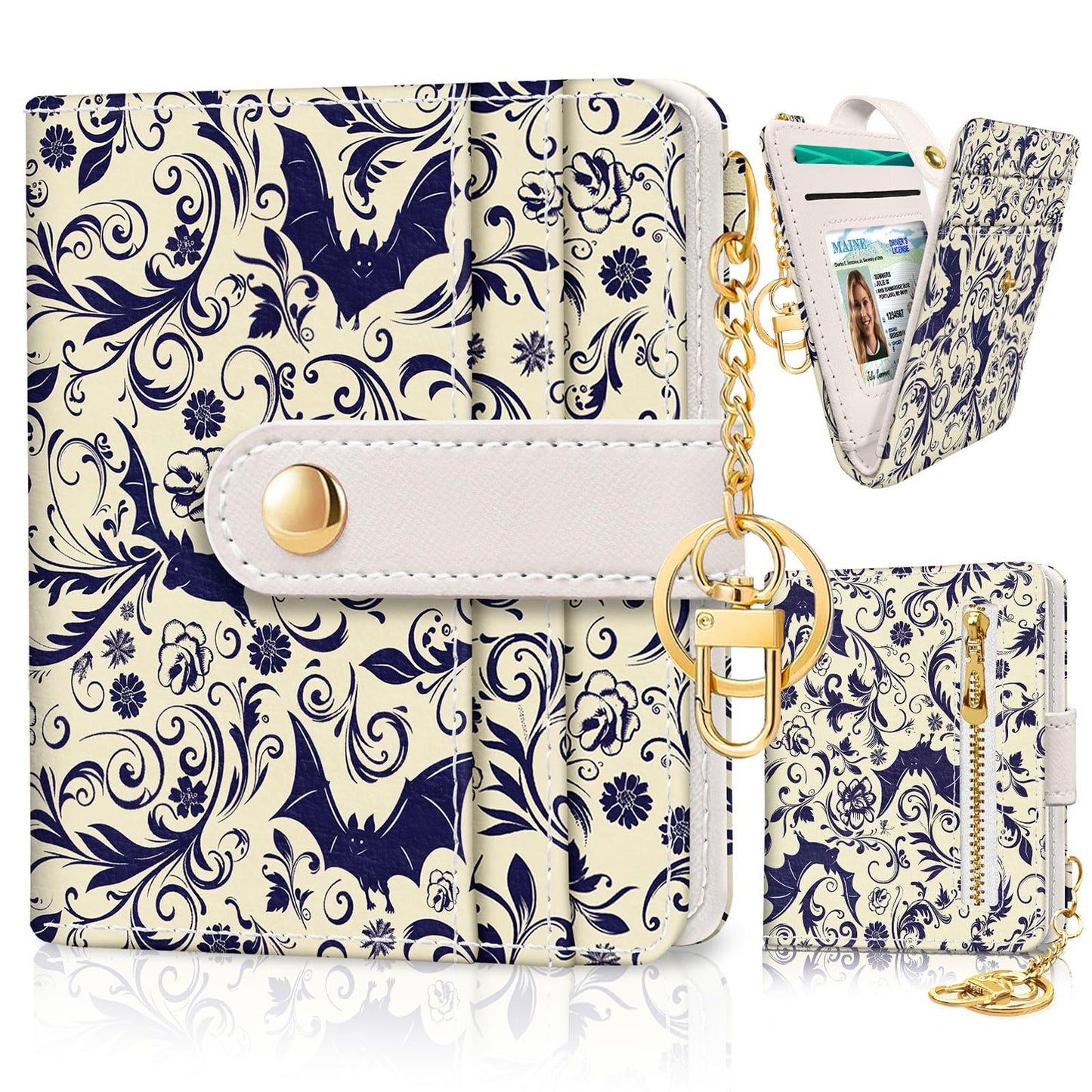 Black Cat Floral Rfid Women Wallet, Small Slim Thin Credit Card Wallet, PU Leather Bifold Cash Zipper Coin Pocket ID Window for Female Ladies Teen Girls Girly