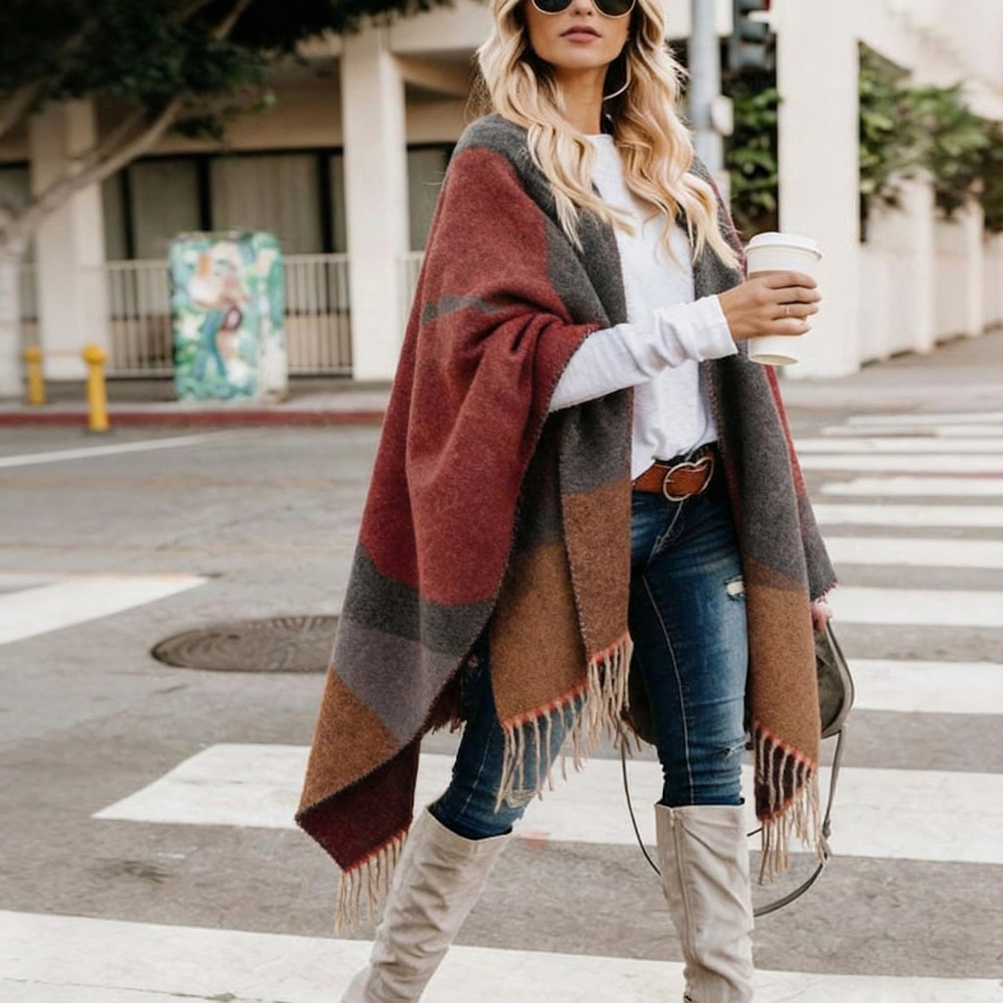 Bestshe Women's Boho Open Front Poncho Knitted Plaid Shawl Wrap Cape Tassel Cardigan Sweater