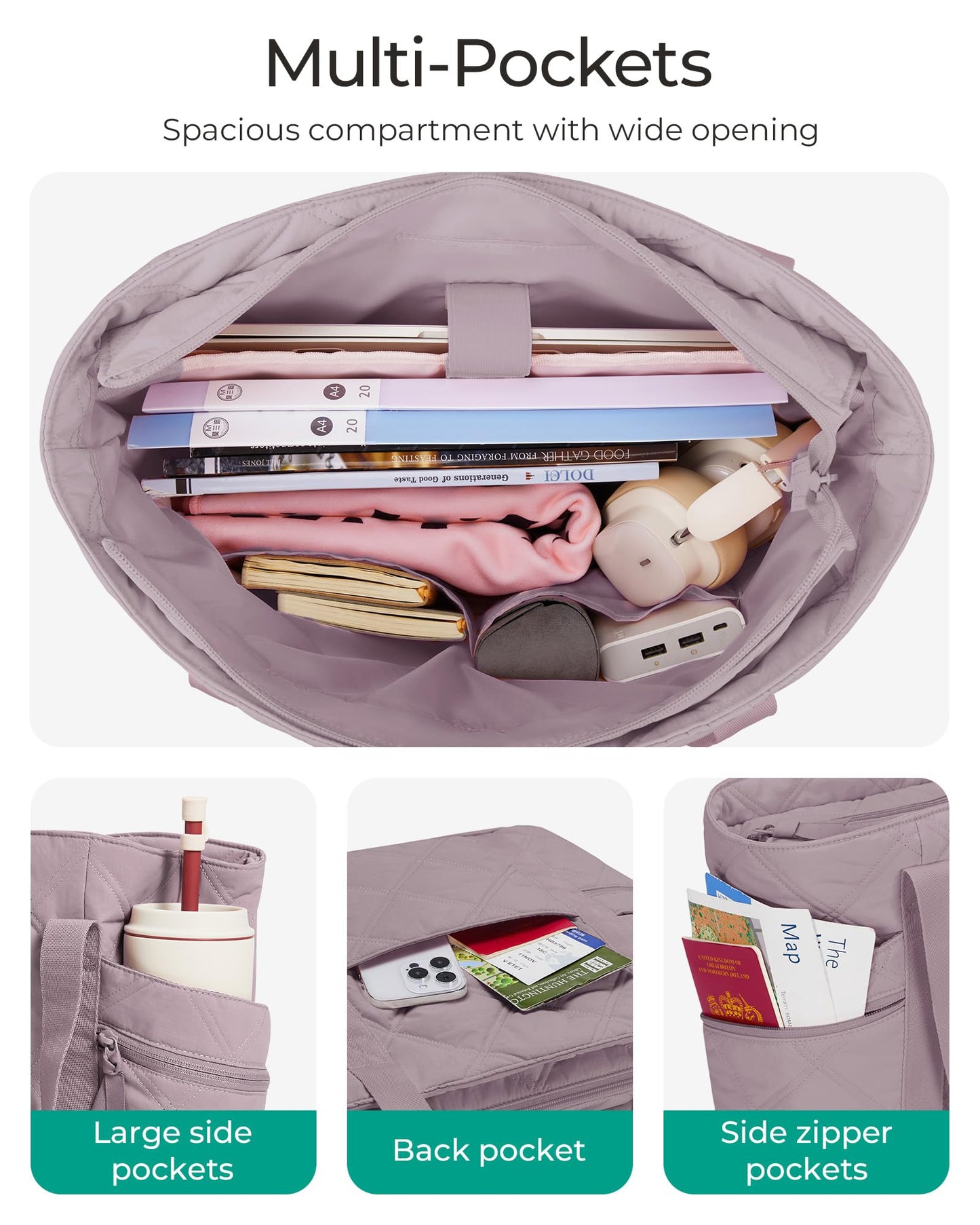 BAGSMART Crush Tote Bag for Women, 20L Puffer Work Tote with Zipper, Travel Essentials Quilted Nurse Hospital Bag