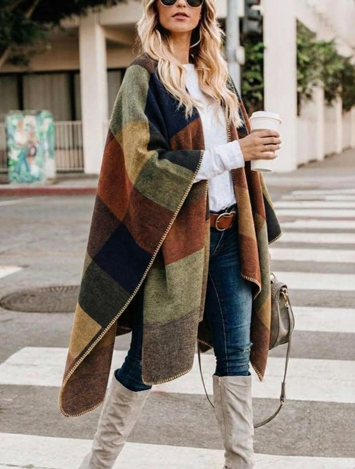 Bestshe Women's Boho Open Front Poncho Knitted Plaid Shawl Wrap Cape Tassel Cardigan Sweater