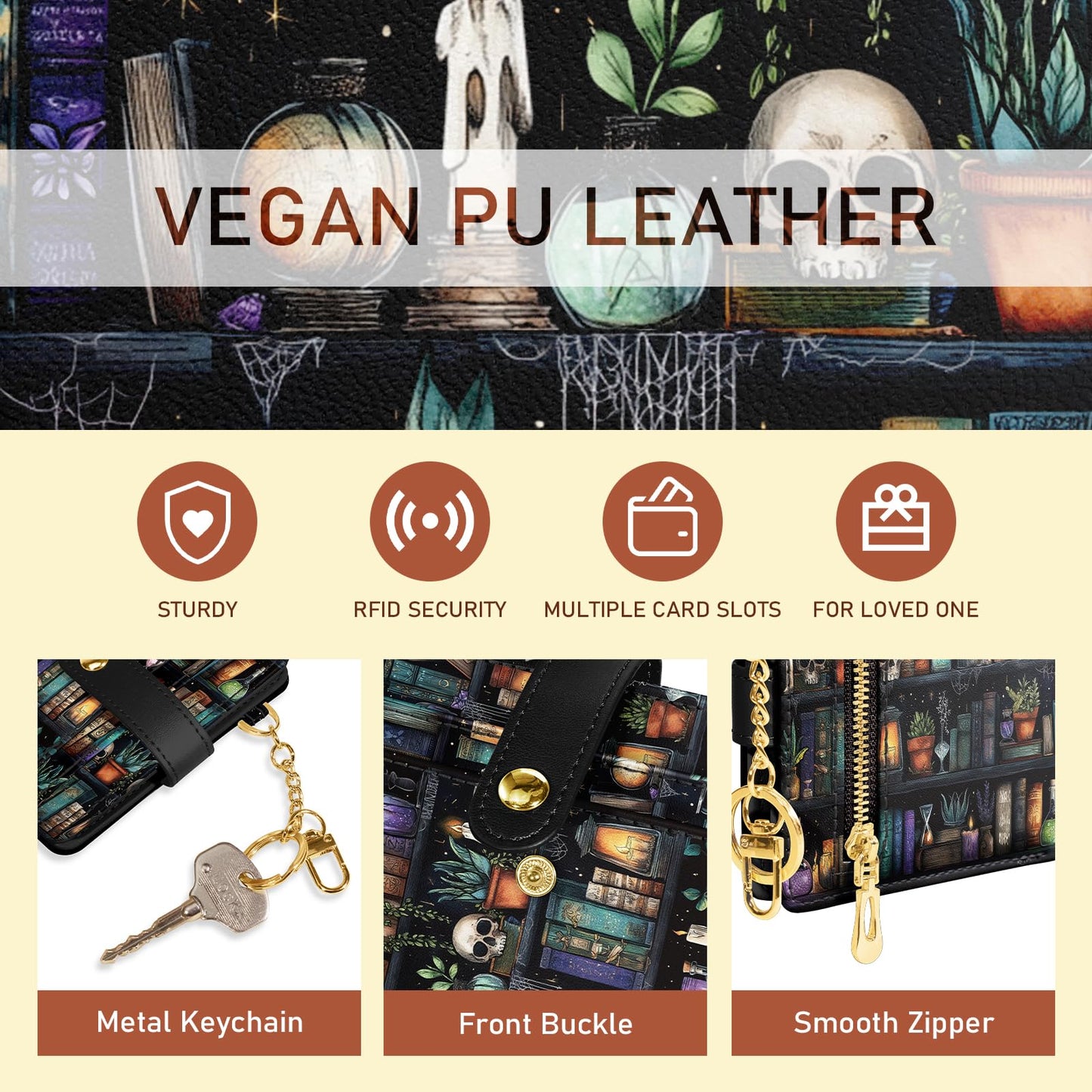 Black Cat Floral Rfid Women Wallet, Small Slim Thin Credit Card Wallet, PU Leather Bifold Cash Zipper Coin Pocket ID Window for Female Ladies Teen Girls Girly