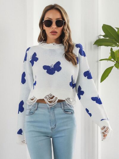 Distressed Butterfly Cropped Sweater White / S White / M White / L White / S-White / M-White / L-Black / S-Black / M-Black / L-Blush Pink / S-Blush Pink / M-Blush Pink / L-