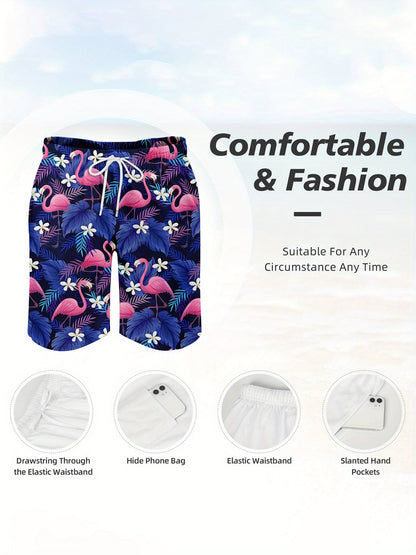 Men'S Tropical Quick-Dry Swim Trunks with Flamingo & Palm Tree Print, Dark Blue Drawstring Beach Shorts with Compression Stretch & Pockets - Casual Sporty Style for Summer, Summer Swimwear | Tropical Print Shorts | Drawstring
