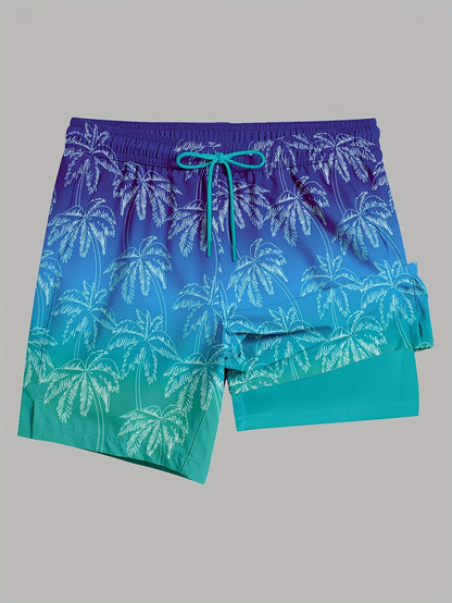 Lightweight Quick-Dry Men's Swim Trunks | Tropical Coconut Tree Ombre Design, Compression Liner, Drawstring Waist, Side Pockets, Vibrant Blue to Purple