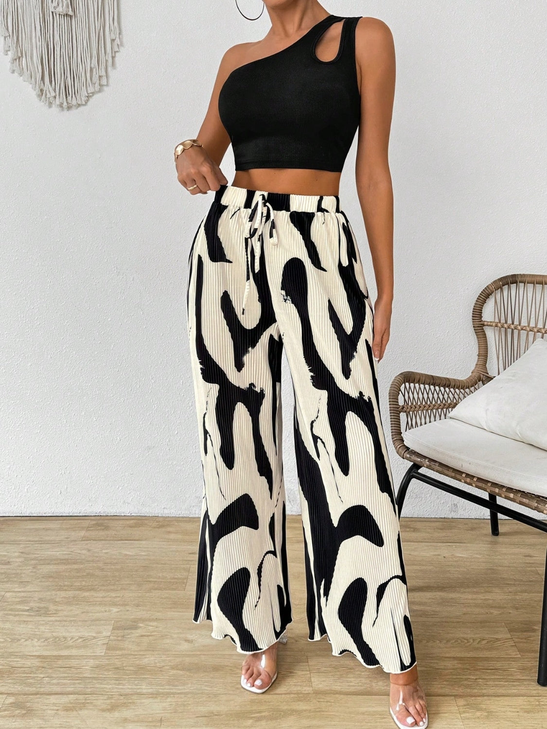 Cutout One Shoulder Top and Printed Pants Set Black/Khaki / S Black/Khaki / M Black/Khaki / L Black/Khaki / S-Black/Khaki / M-Black/Khaki / L-Black/Khaki / XL-