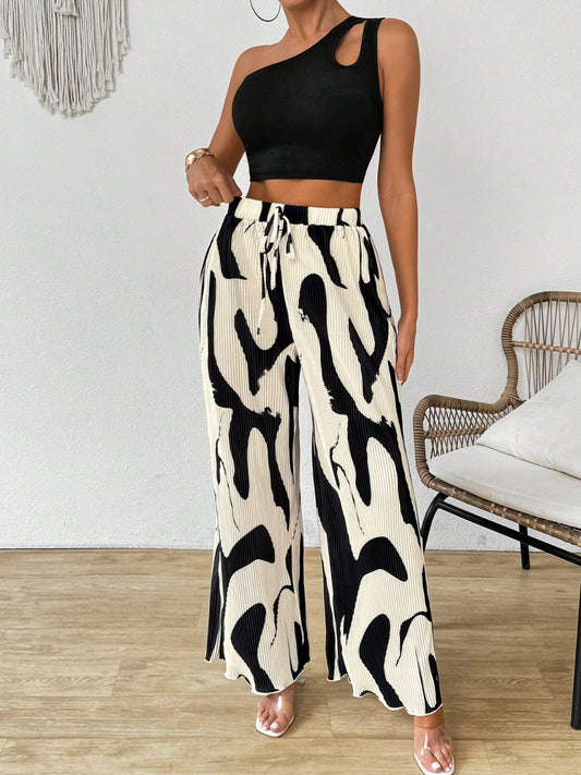 Cutout One Shoulder Top and Printed Pants Set Black/Khaki / S Black/Khaki / M Black/Khaki / L Black/Khaki / S-Black/Khaki / M-Black/Khaki / L-Black/Khaki / XL-