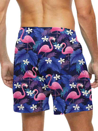 Men'S Tropical Quick-Dry Swim Trunks with Flamingo & Palm Tree Print, Dark Blue Drawstring Beach Shorts with Compression Stretch & Pockets - Casual Sporty Style for Summer, Summer Swimwear | Tropical Print Shorts | Drawstring