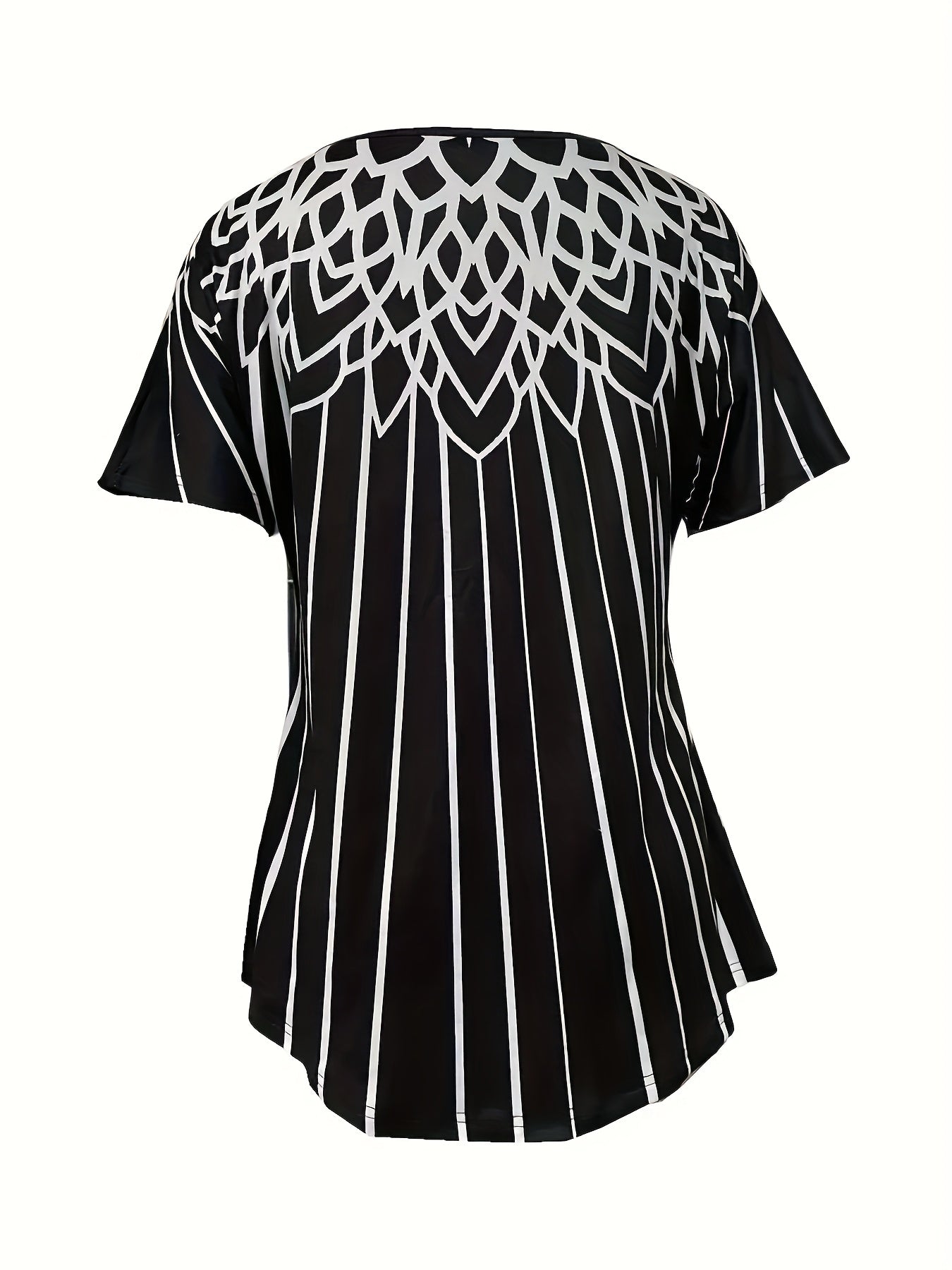 Women's Summer Casual T-Shirt | Black & White Striped Pattern | Square Neckline | Polyester-Elastane Blend | Medium Elasticity | Machine Washable | Short Sleeve Top for Daily Wear