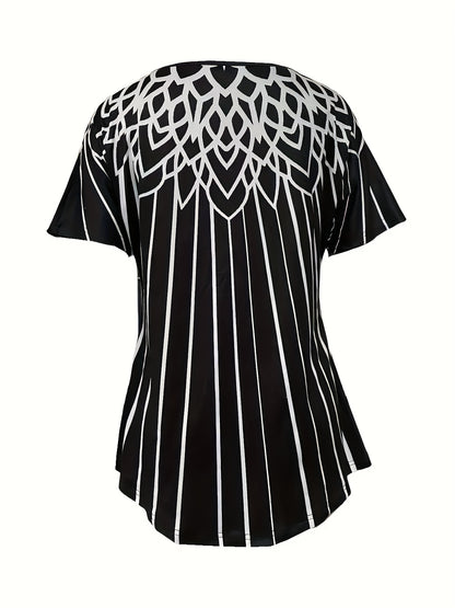 Women's Summer Casual T-Shirt | Black & White Striped Pattern | Square Neckline | Polyester-Elastane Blend | Medium Elasticity | Machine Washable | Short Sleeve Top for Daily Wear