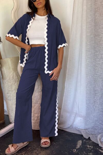 Contrast Trim Half Sleeve Top and Pants Set Dark Blue / S Dark Blue / M Dark Blue / L Dark Blue / S-Dark Blue / M-Dark Blue / L-Dark Blue / XL-