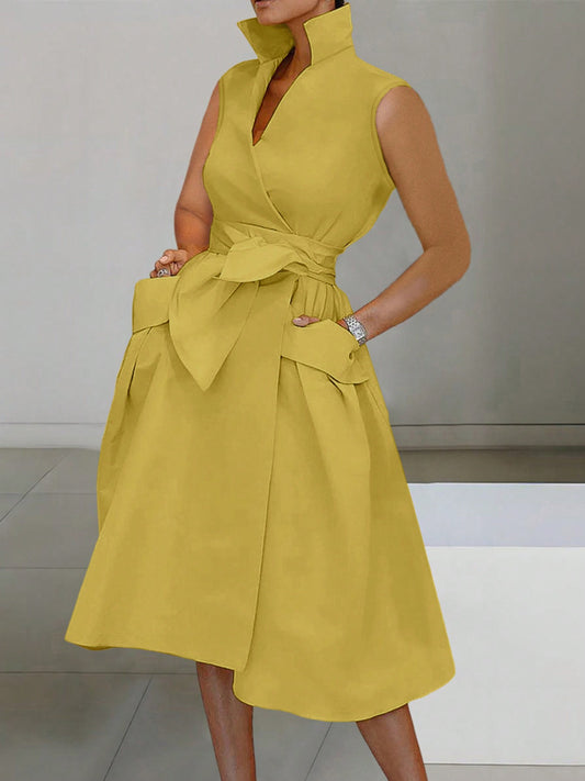 Tie Waist Sleeveless Midi Dress with Pockets Chartreuse / S Chartreuse / M Chartreuse / L Chartreuse / S-Chartreuse / M-Chartreuse / L-Chartreuse / XL-